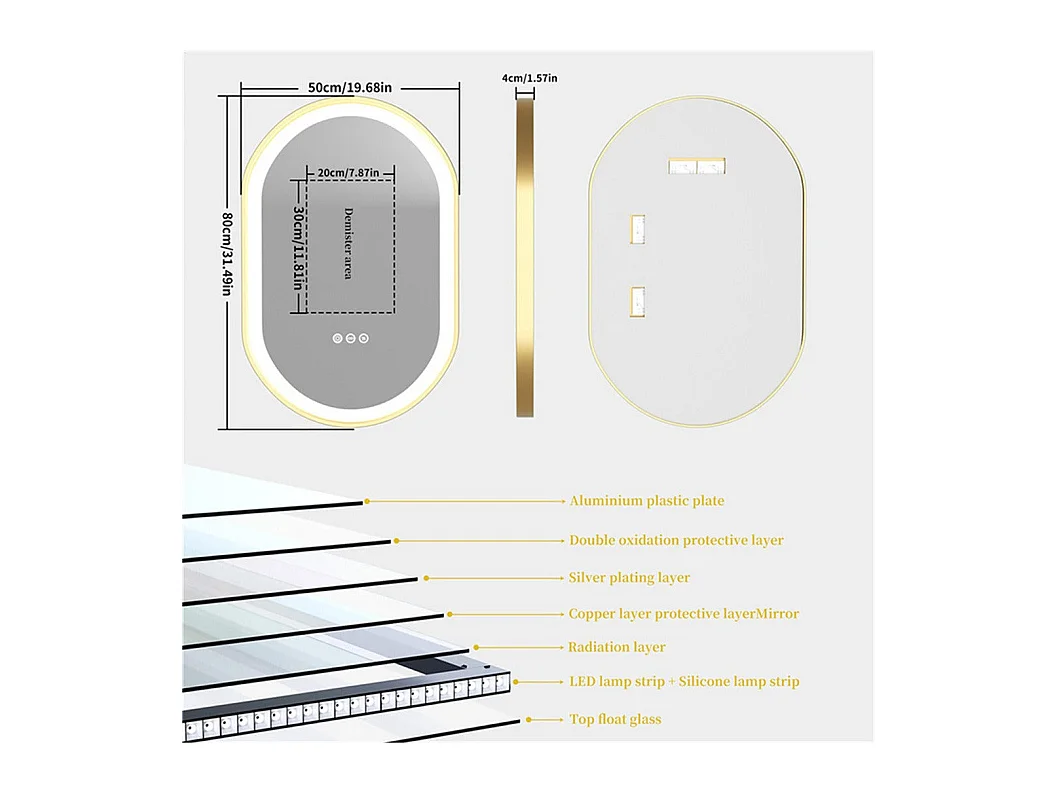 LED Badezimmerspiegel 80x50cm ovaler Wandspiegel Antibeschlag 3 einstellbare Farben 80x50x4cm