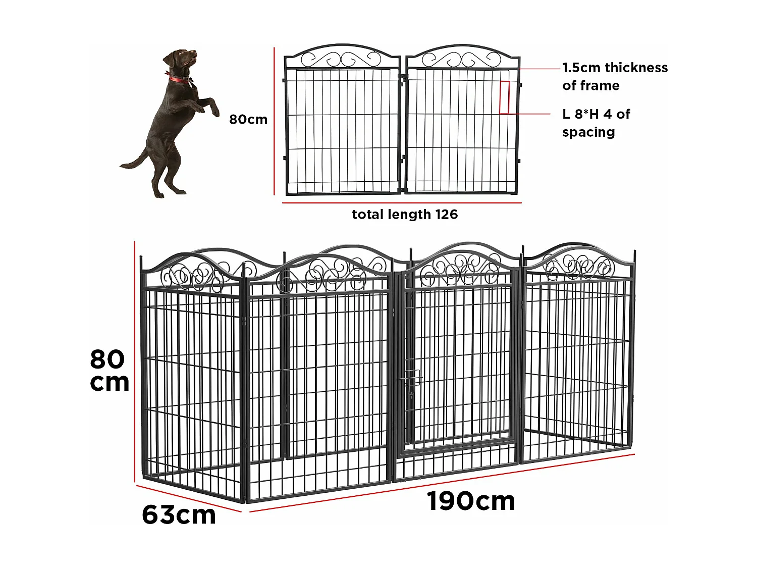 Enclos chien exterieur interieur grande taille parc en métal pour chien chiot lapin 190x63x80cm