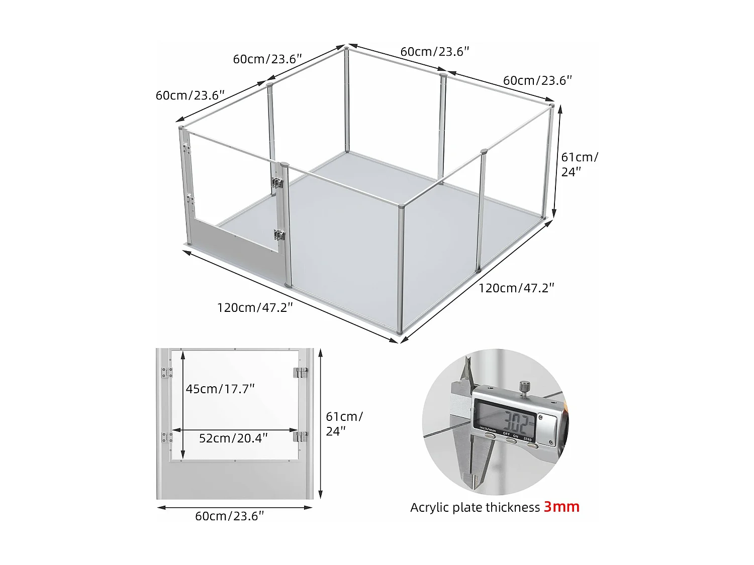 Parc grand chien intérieur enclos chien acrylique grande taille en métal caisse de mise bas pour chiens chat lapin 120x120x61cm