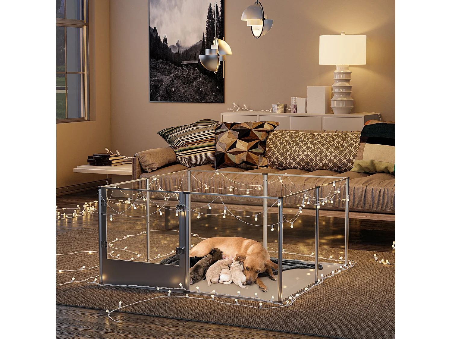 Parc chien intérieur grande taille enclos grand chien en acrylique caisse de mise bas pour chiens chat lapin 132x132x80cm