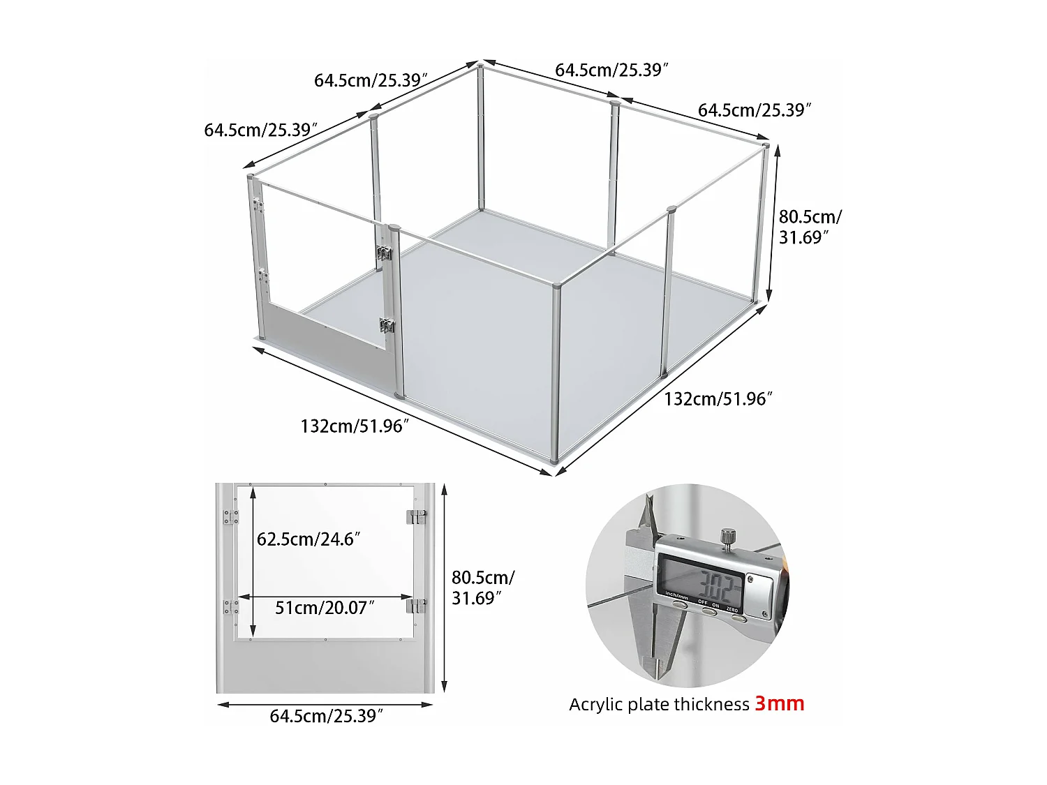 Parc chien intérieur grande taille enclos grand chien en acrylique caisse de mise bas pour chiens chat lapin 132x132x80cm
