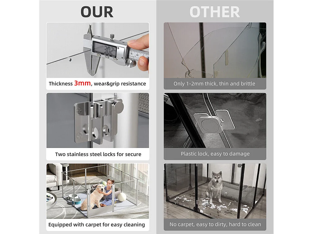 Parc chien intérieur grande taille enclos grand chien en acrylique caisse de mise bas pour chiens chat lapin 132x132x80cm