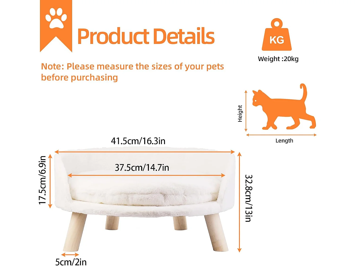Canapé pour chat panier chien moelleux lit sur pieds avec coussin 41.5x41.5x32.8cm