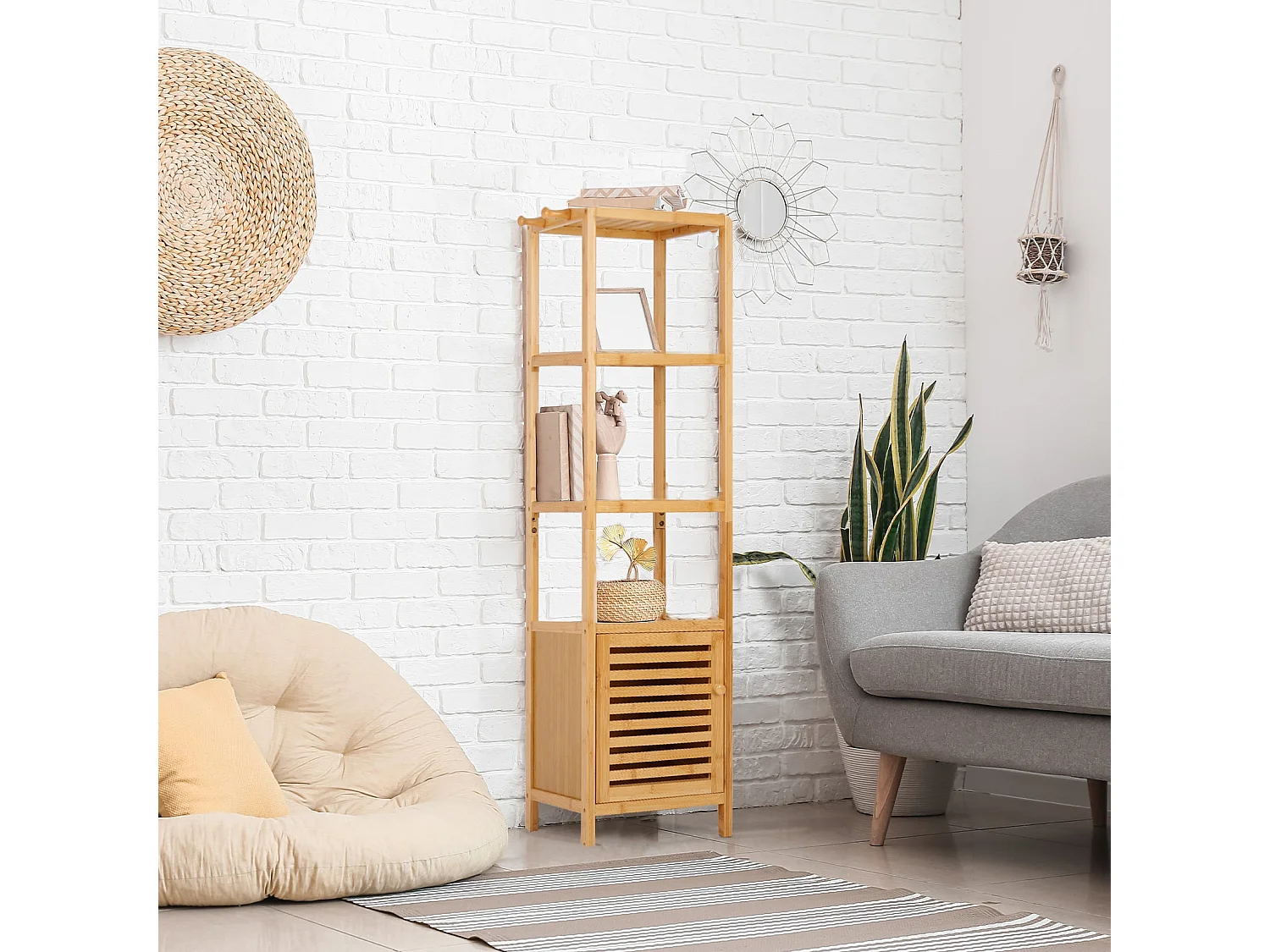 Meuble de rangement haute armoire de salle de bain meuble colonne avec 3 étagères et 1 porte présentoir placard 33.8x33x140cm