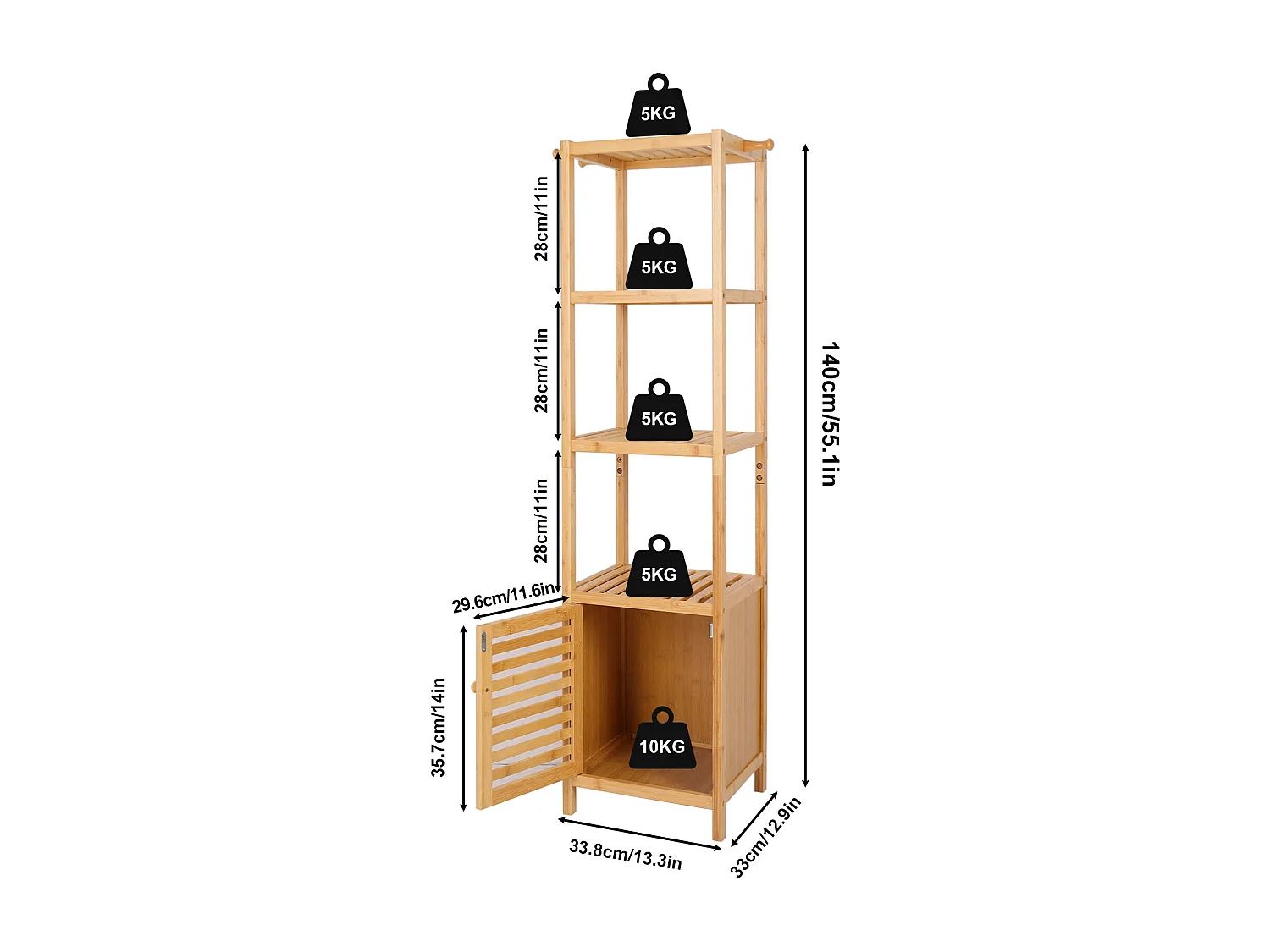 Meuble de rangement haute armoire de salle de bain meuble colonne avec 3 étagères et 1 porte présentoir placard 33.8x33x140cm