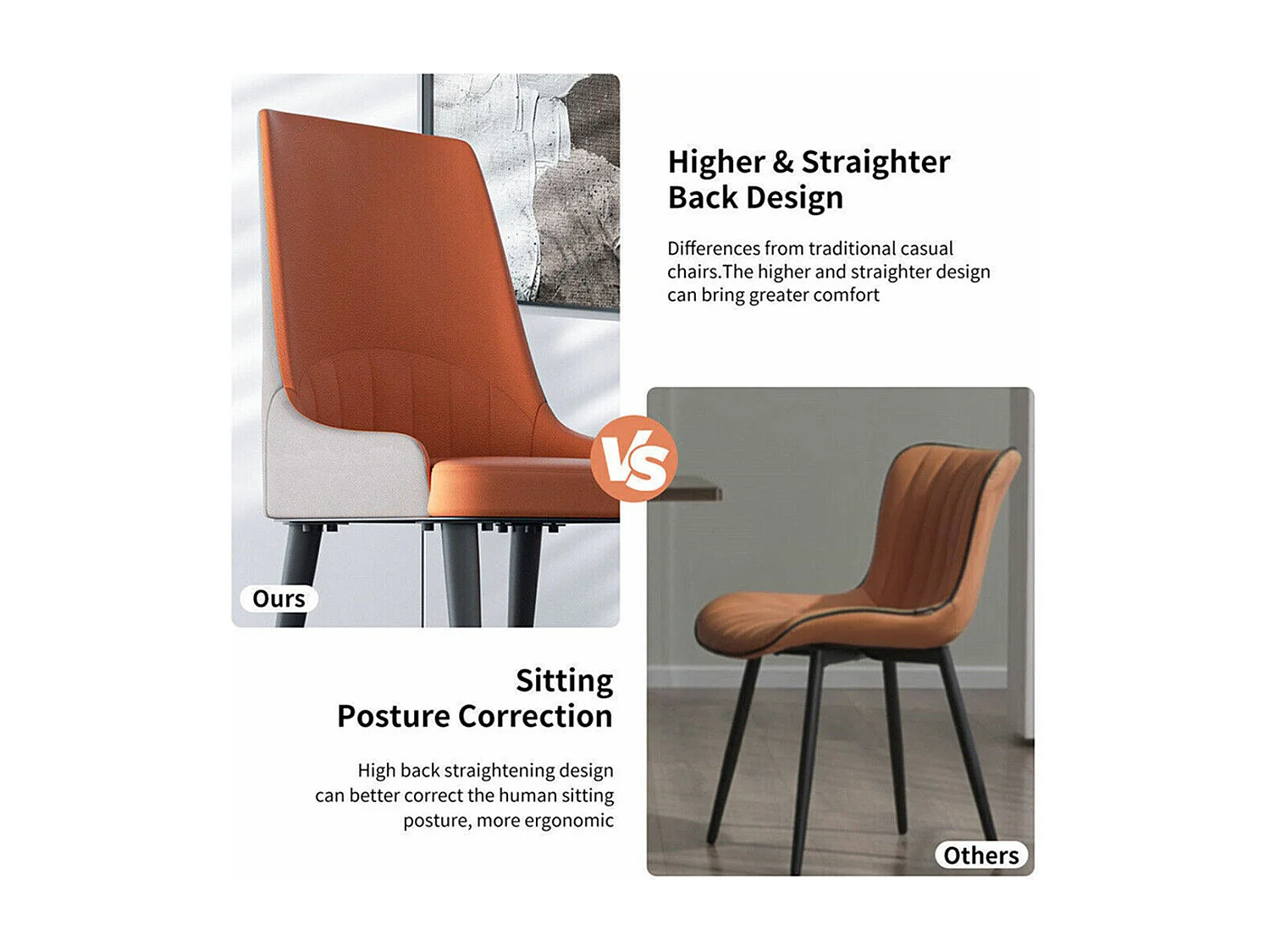 Juego de 2 sillas de comedor modernas sillón escandinavo silla de cocina cómoda en cuero 45.5x45x82cm - Naranja