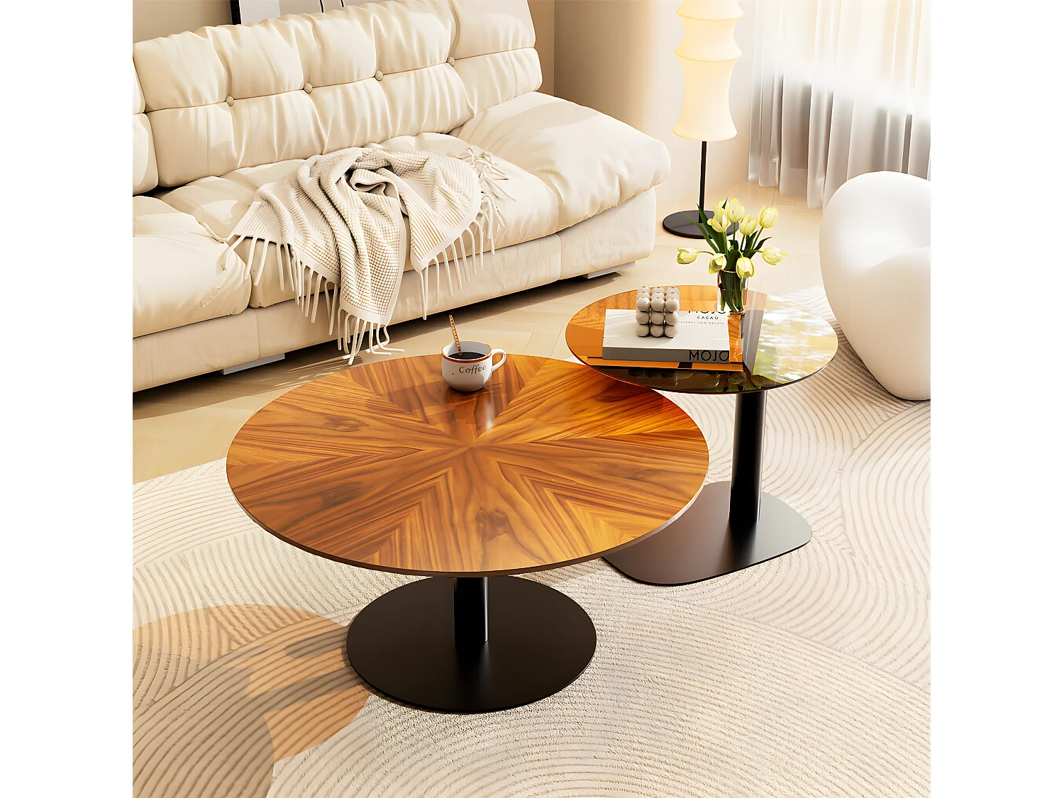 Lot de 2 Tables Gigognes de Salon Table Basse Ronde Moderne 80/50