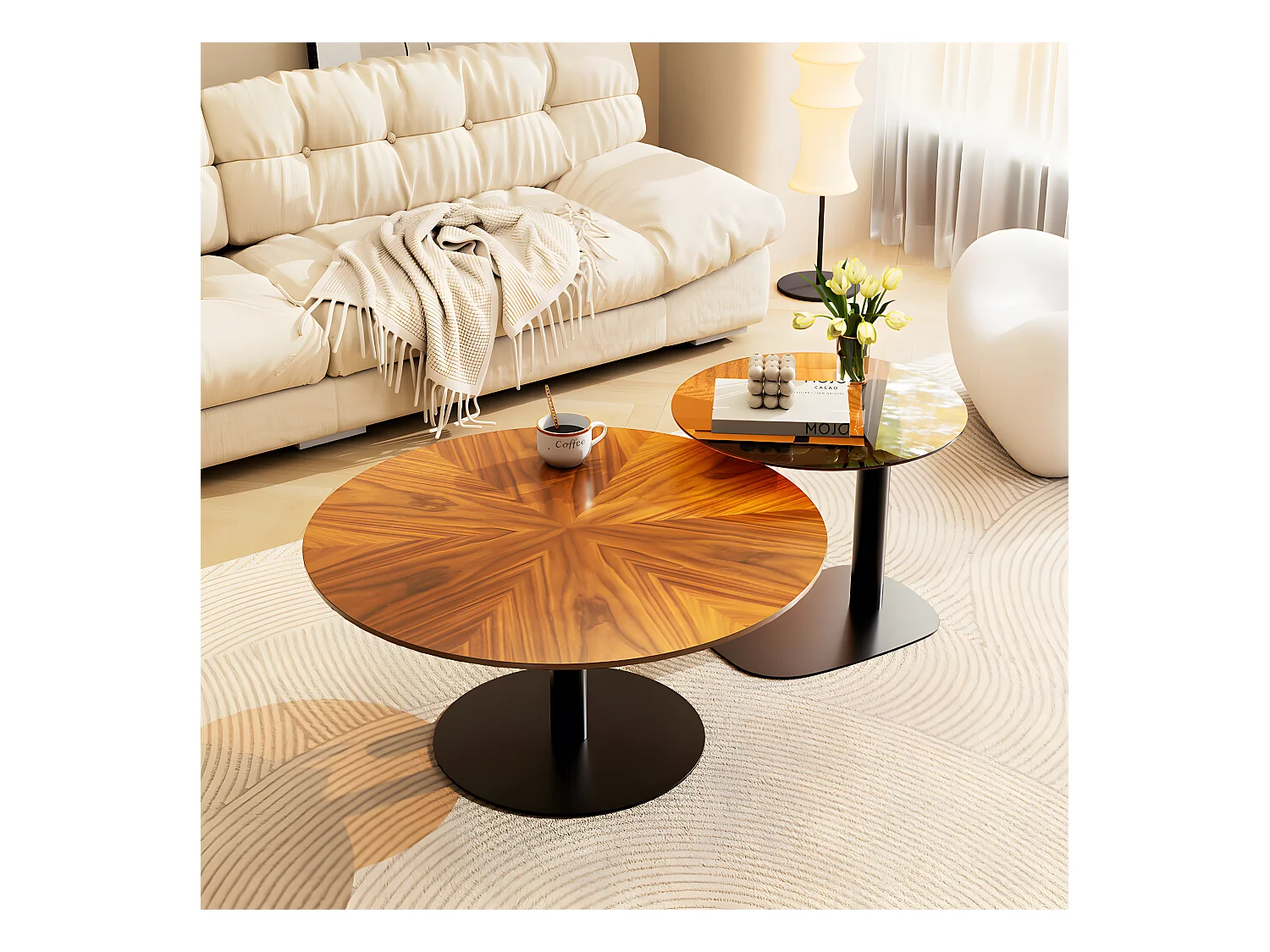 Lot de 2 Tables Gigognes de Salon Table Basse Ronde Moderne 80/50