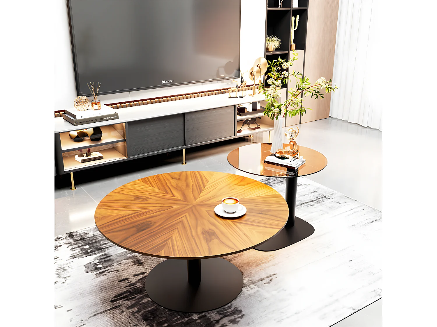 Lot de 2 Tables Gigognes de Salon Table Basse Ronde Moderne 80/50