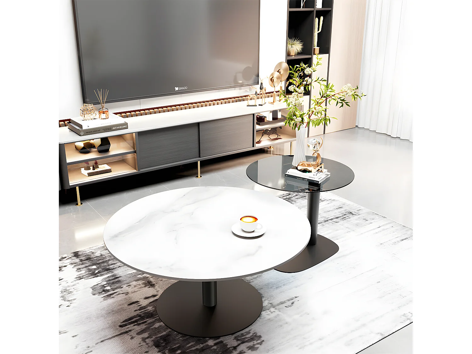 Lot de 2 Tables Basses Gigognes Rondes pour Salon Chambre 80/50