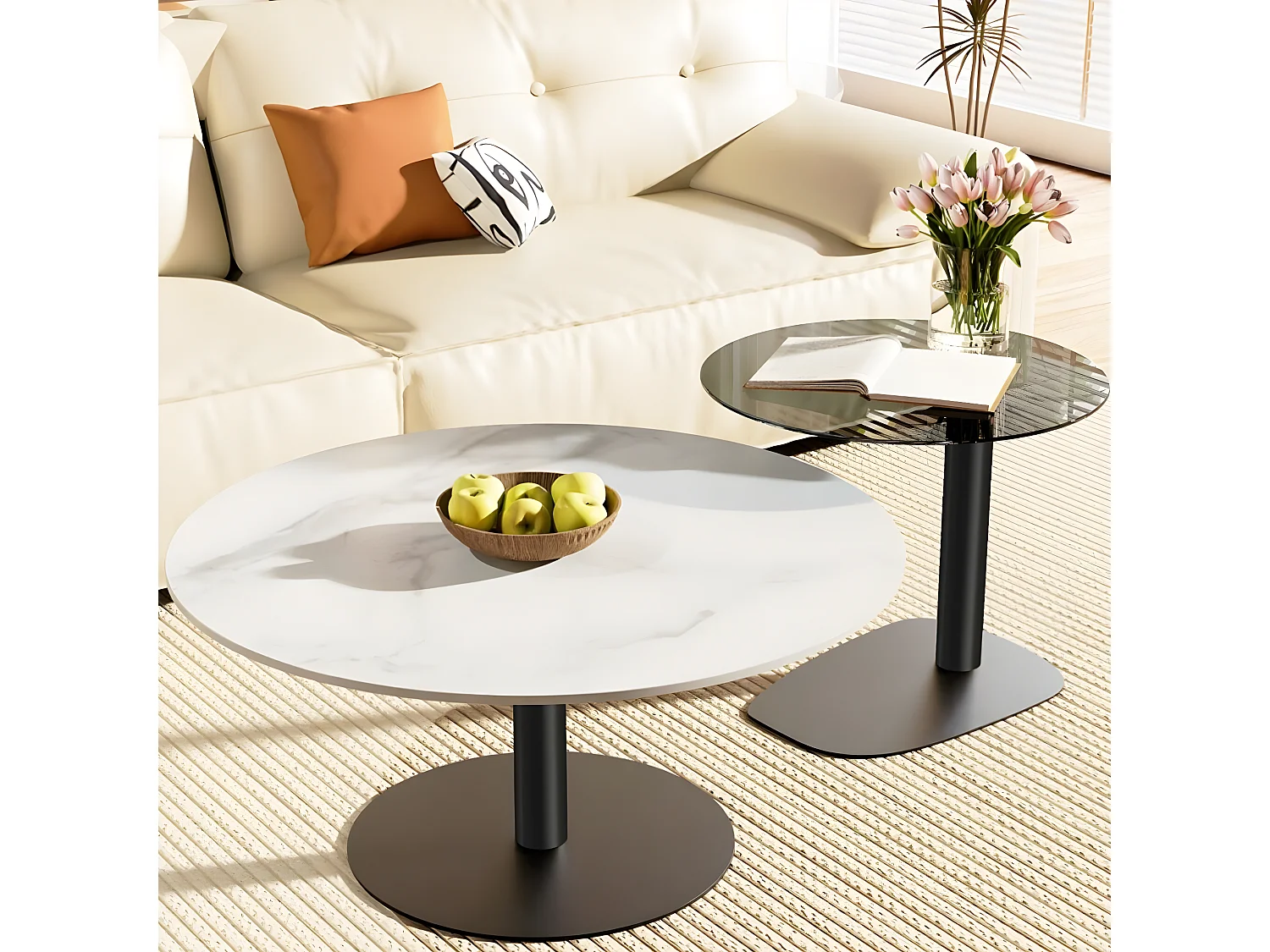 Lot de 2 Tables Basses Gigognes Rondes pour Salon Chambre 80/50