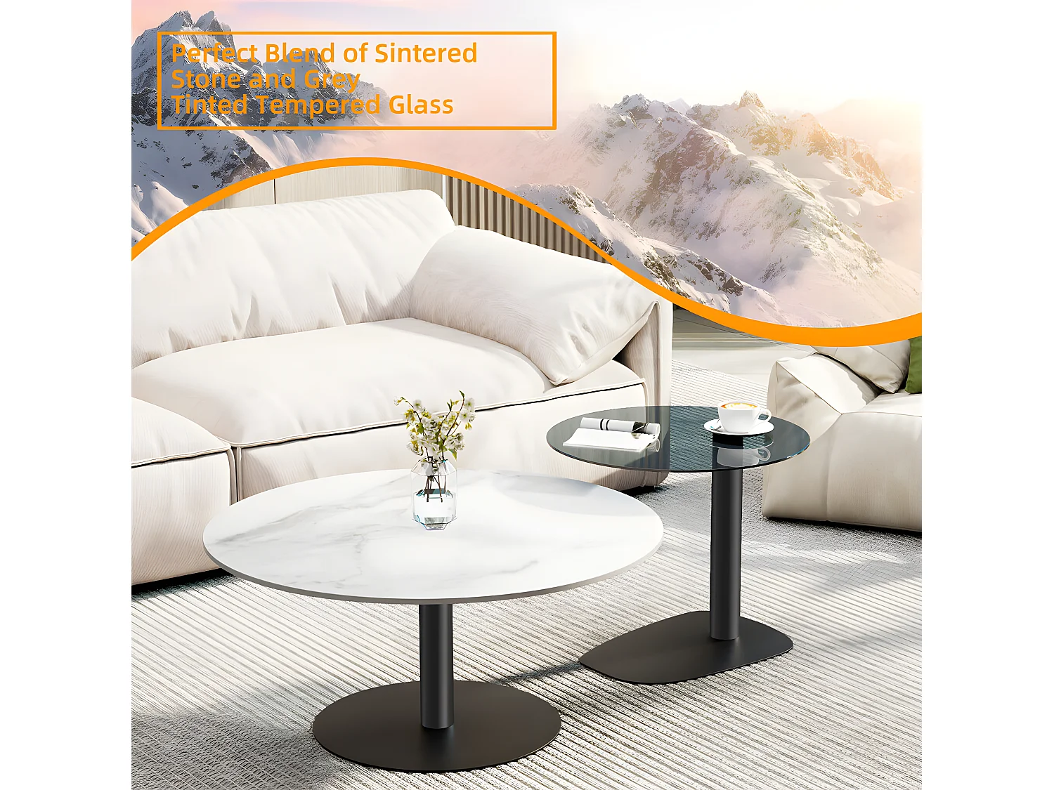 Lot de 2 Tables Basses Gigognes Rondes pour Salon Chambre 80/50