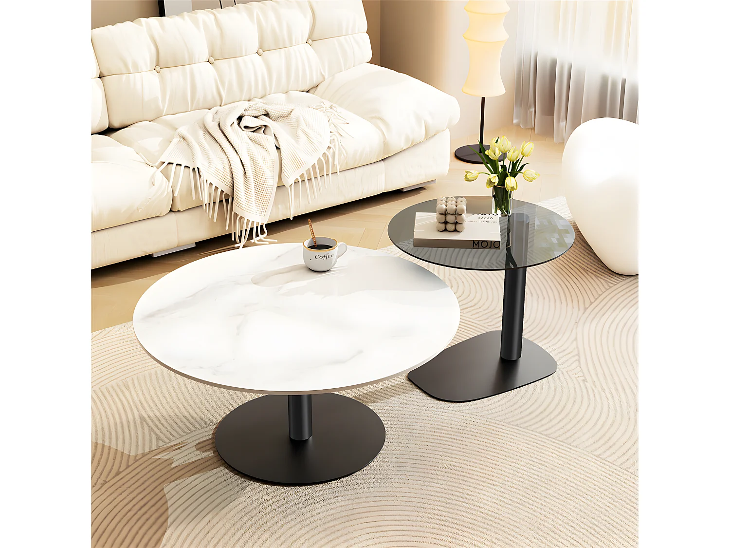 Lot de 2 Tables Basses Gigognes Rondes pour Salon Chambre 80/50