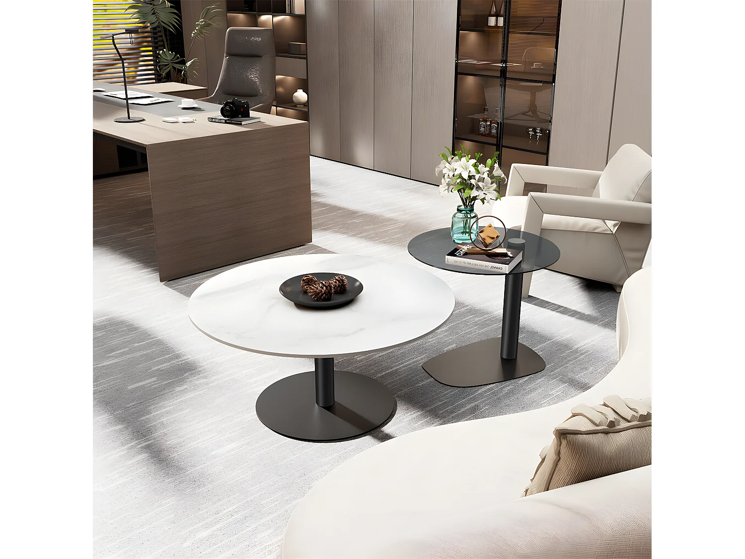 Lot de 2 Tables Basses Gigognes Rondes pour Salon Chambre 80/50