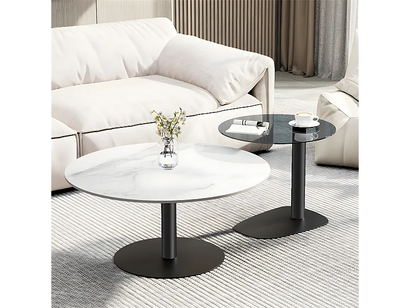 Lot de 2 Tables Basses Gigognes Rondes pour Salon Chambre 80/50