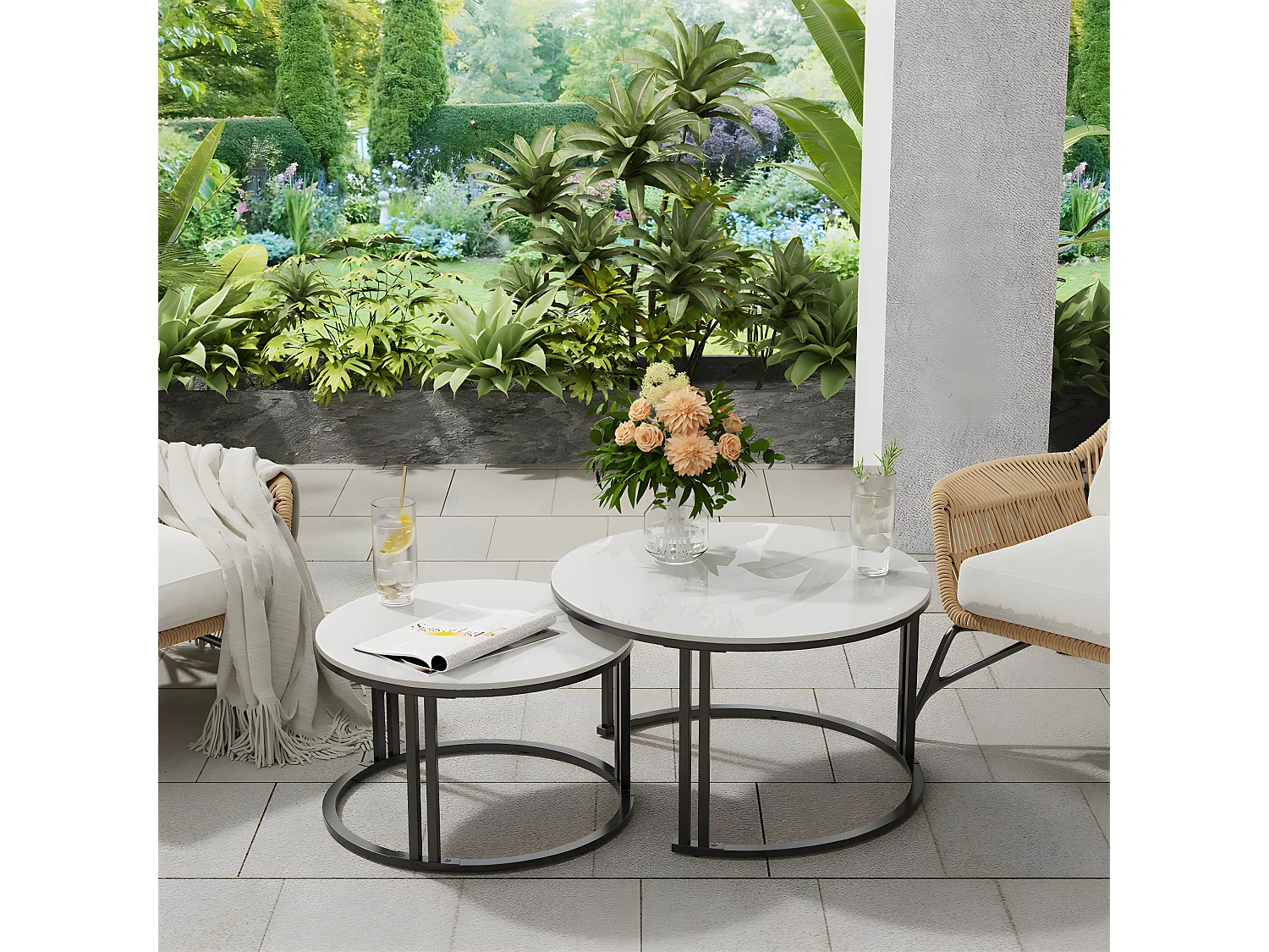 Lot de 2 Table Basse Gigogne Salon Ronde avec Effet Marbre Cardre en Métal