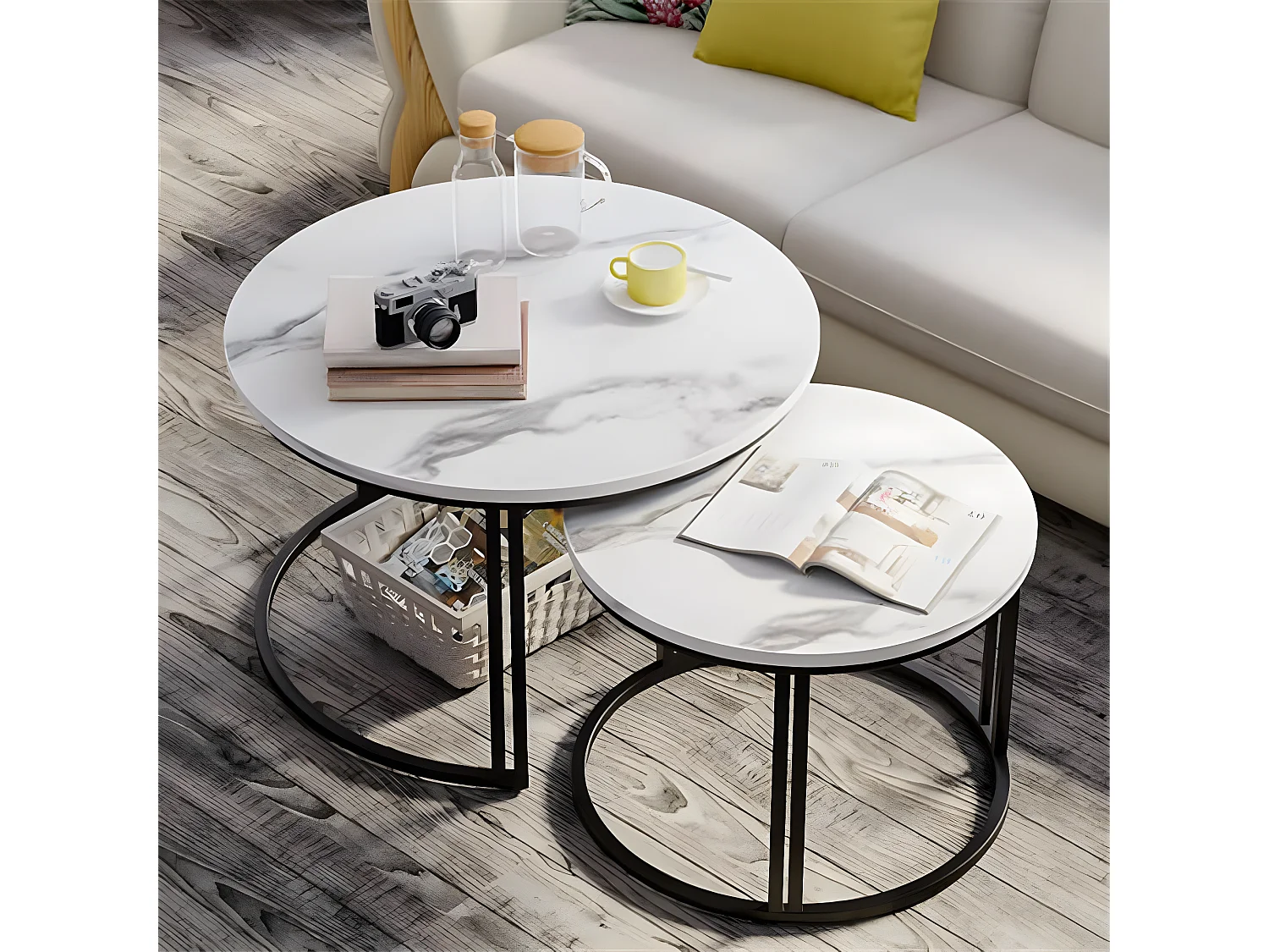 Lot de 2 Table Basse Gigogne Salon Ronde avec Effet Marbre Cardre en Métal