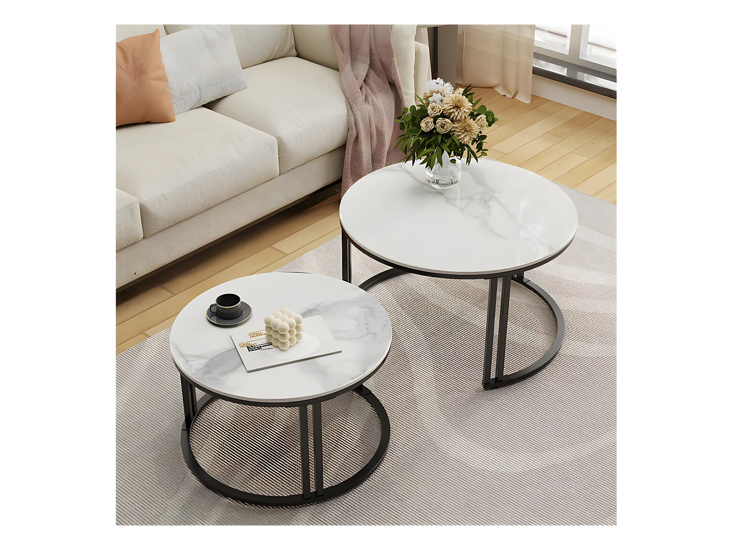 Juego de 2 Mesas Auxiliares Redondas Apilables con Efecto Mármol y Estructura Metálica para Salón