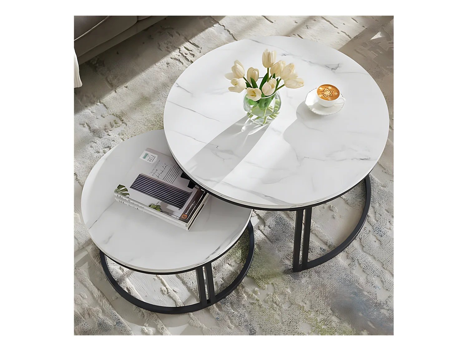 Juego de 2 Mesas Auxiliares Redondas Apilables con Efecto Mármol y Estructura Metálica para Salón