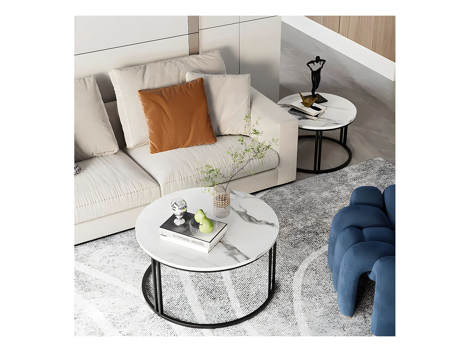 Juego de 2 Mesas Auxiliares Redondas Apilables con Efecto Mármol y Estructura Metálica para Salón