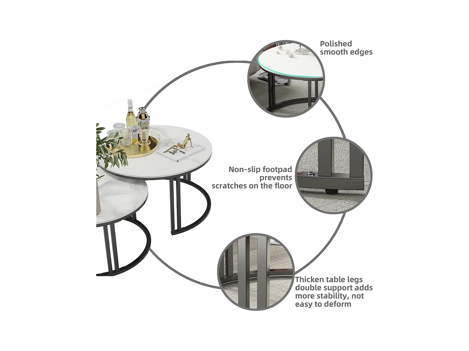 Juego de 2 Mesas Auxiliares Redondas Apilables con Efecto Mármol y Estructura Metálica para Salón