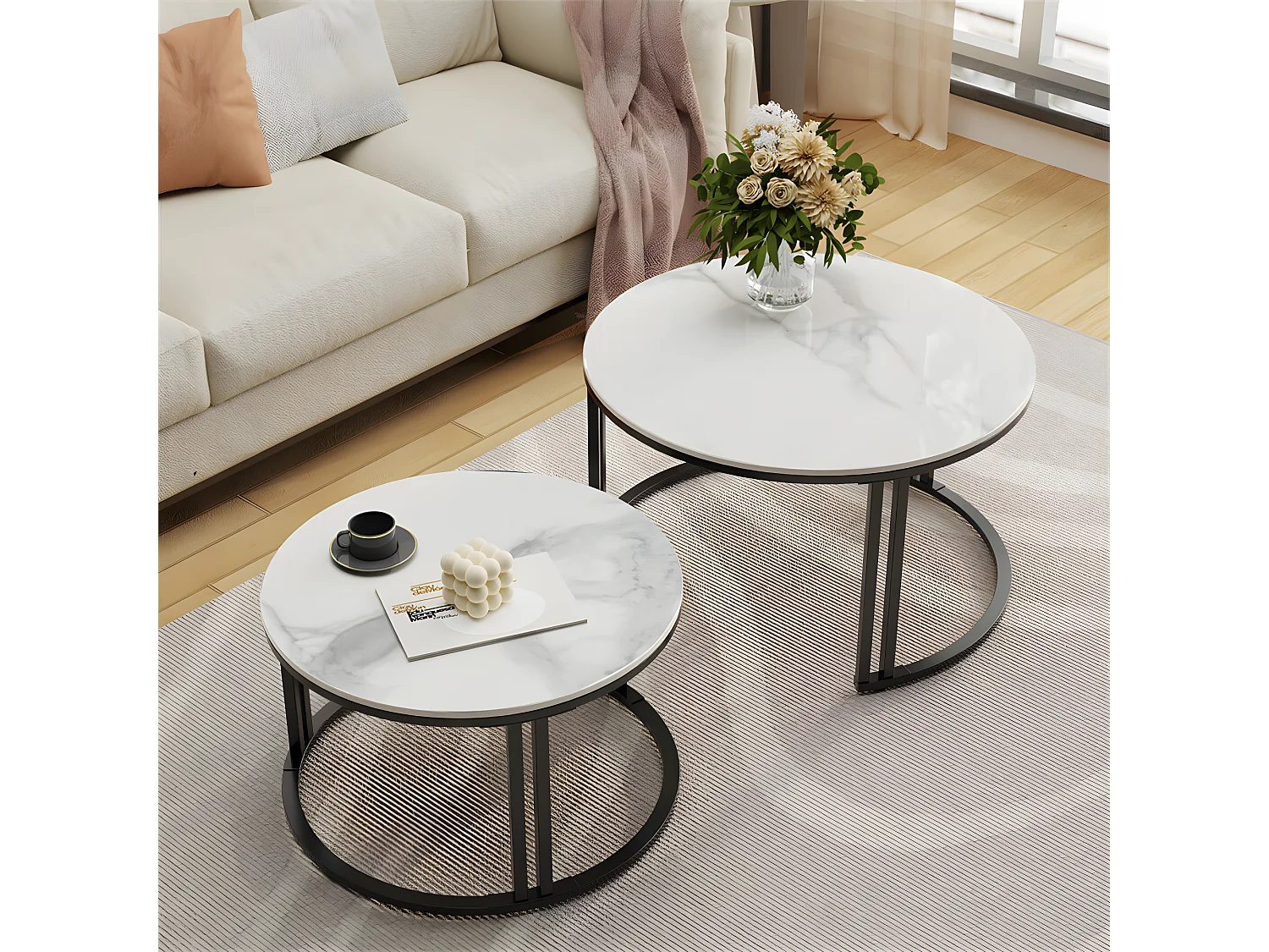 Lot de 2 Table Basse Gigogne Salon Ronde avec Effet Marbre Cardre en Métal