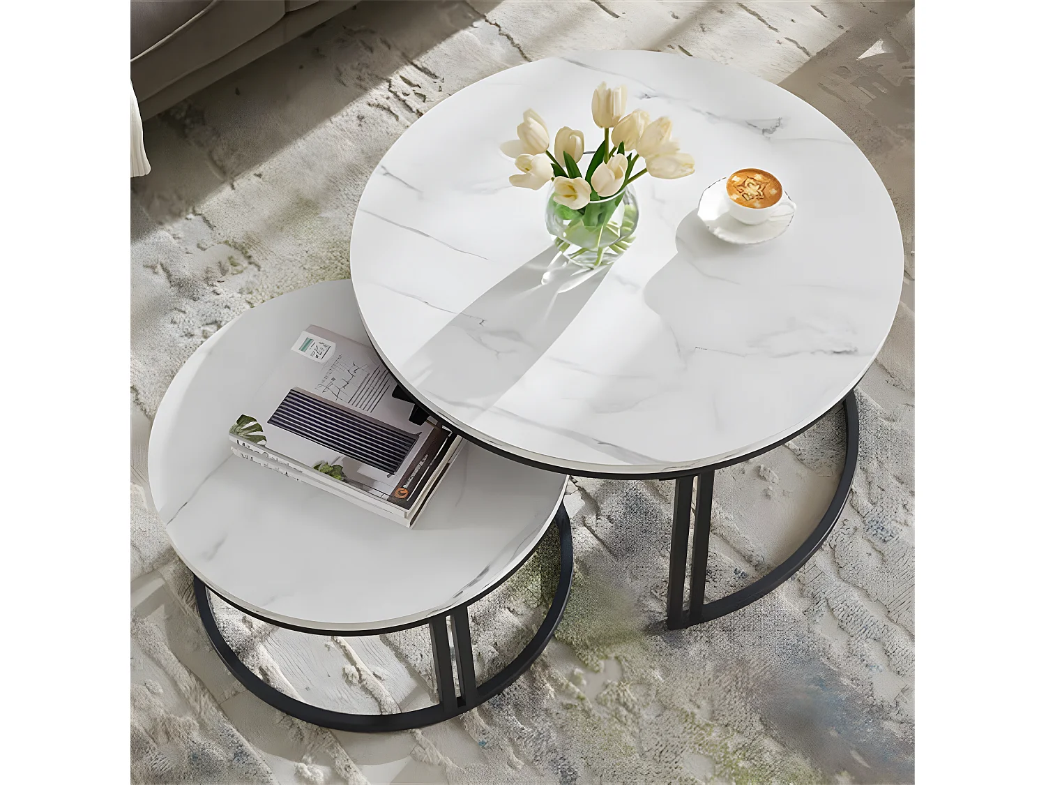 Lot de 2 Table Basse Gigogne Salon Ronde avec Effet Marbre Cardre en Métal