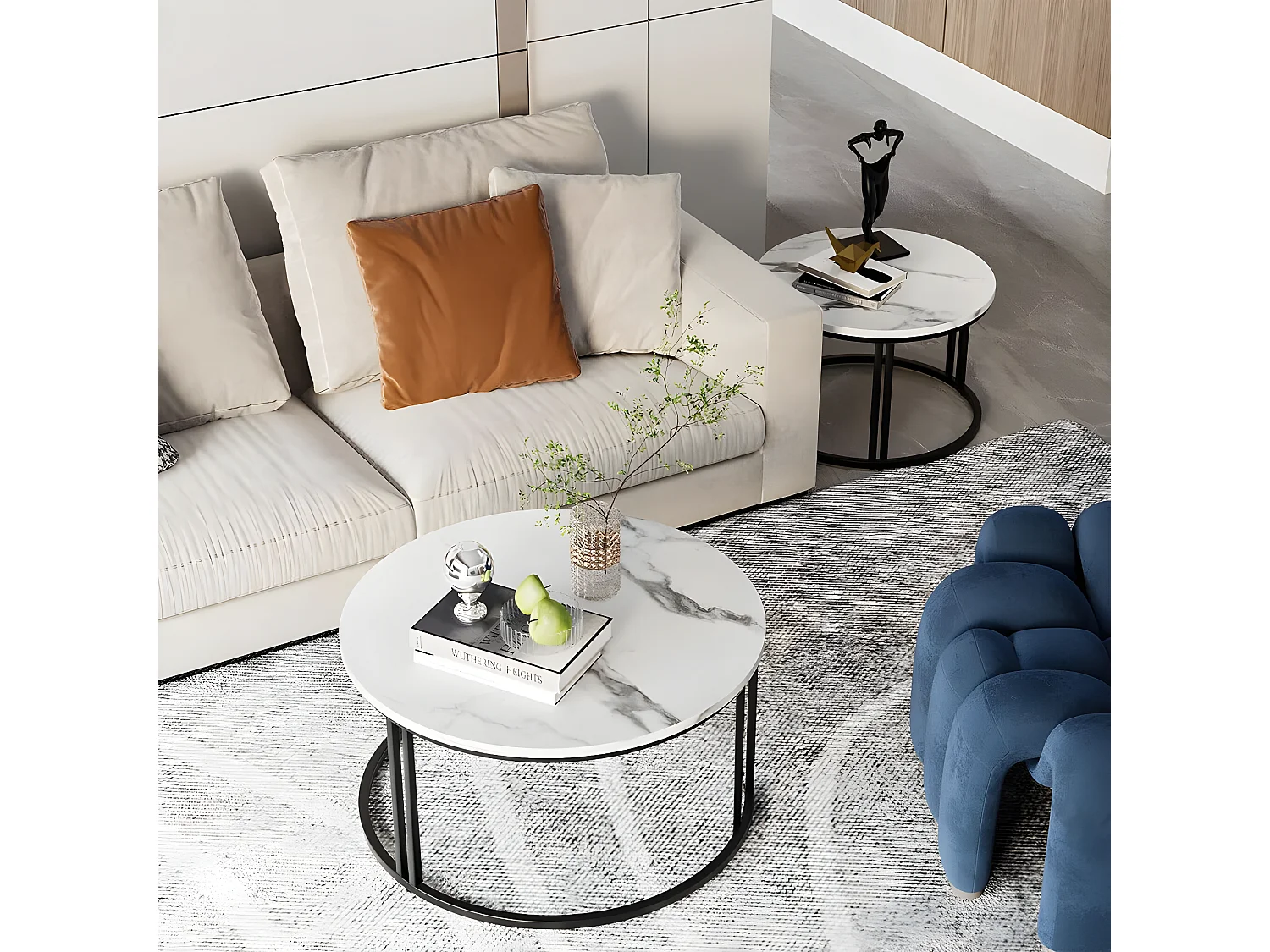 Lot de 2 Table Basse Gigogne Salon Ronde avec Effet Marbre Cardre en Métal