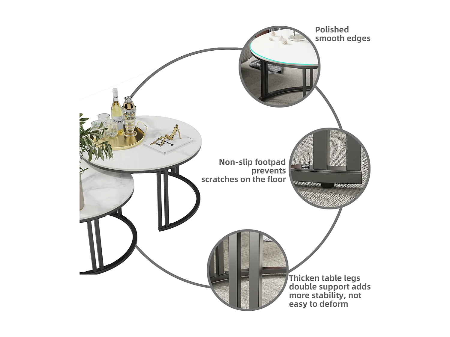 Lot de 2 Table Basse Gigogne Salon Ronde avec Effet Marbre Cardre en Métal