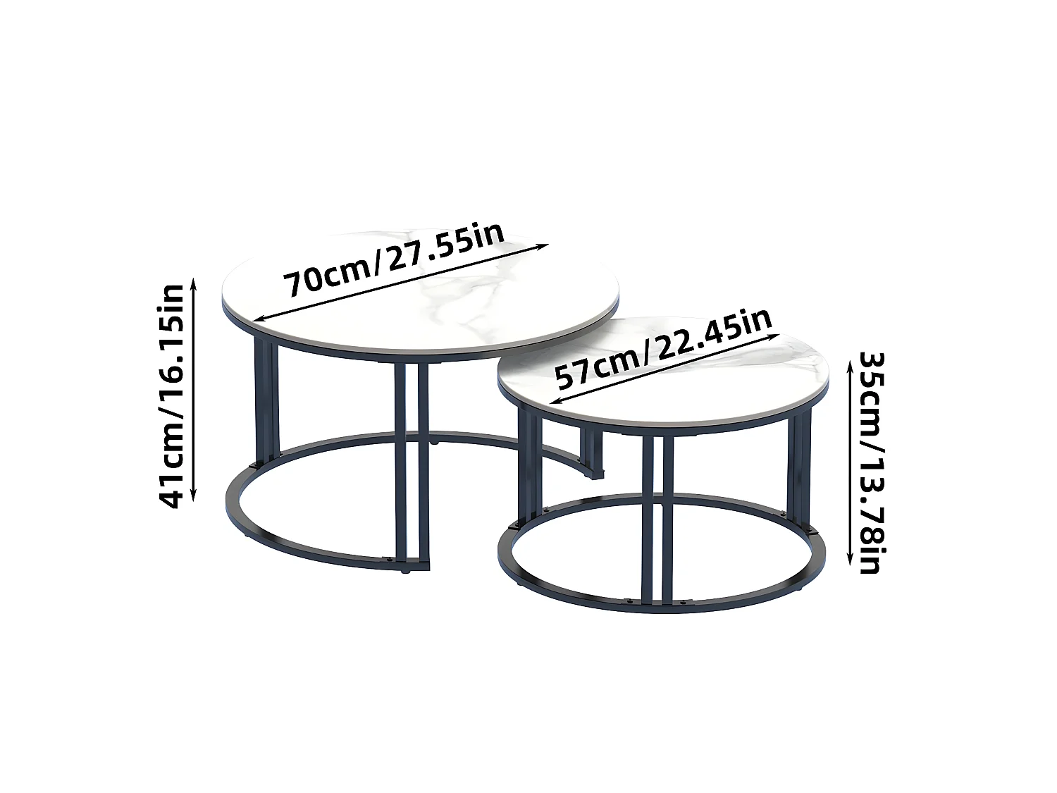Set di 2 Tavolini da Salotto Sovrapposti Rotondi con Effetto Marmo e Struttura in Metallo