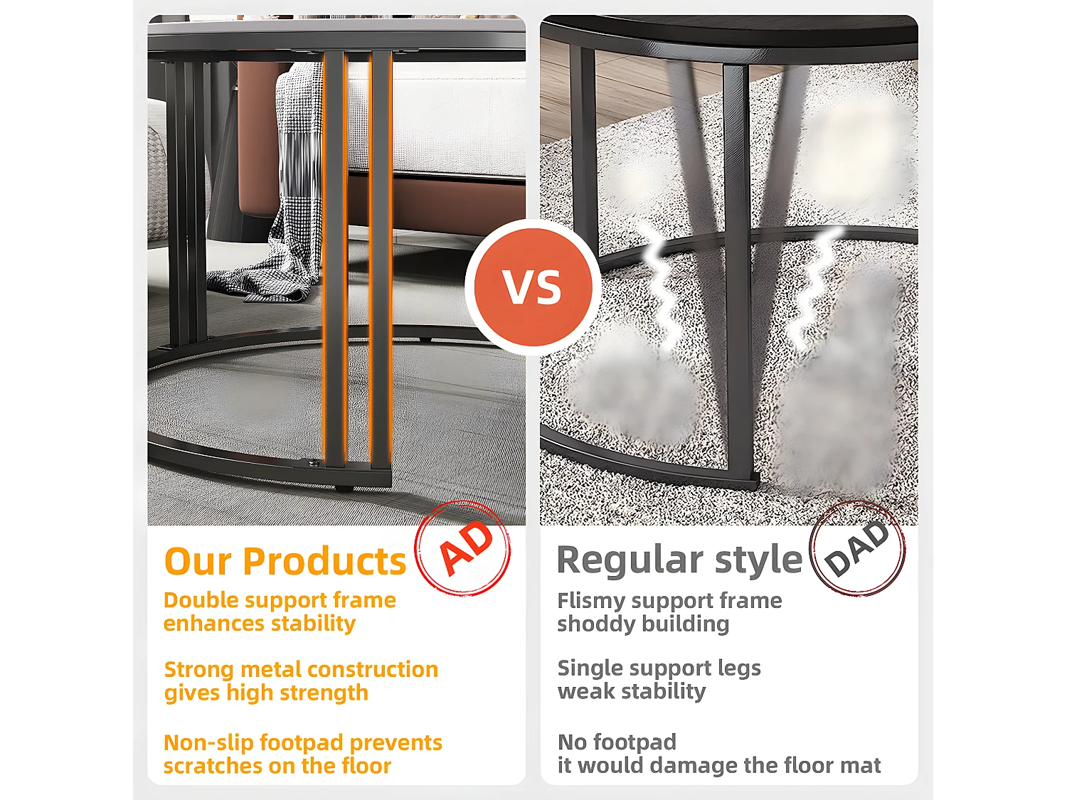 Set di 2 Tavolini da Salotto Sovrapposti Rotondi con Effetto Marmo e Struttura in Metallo