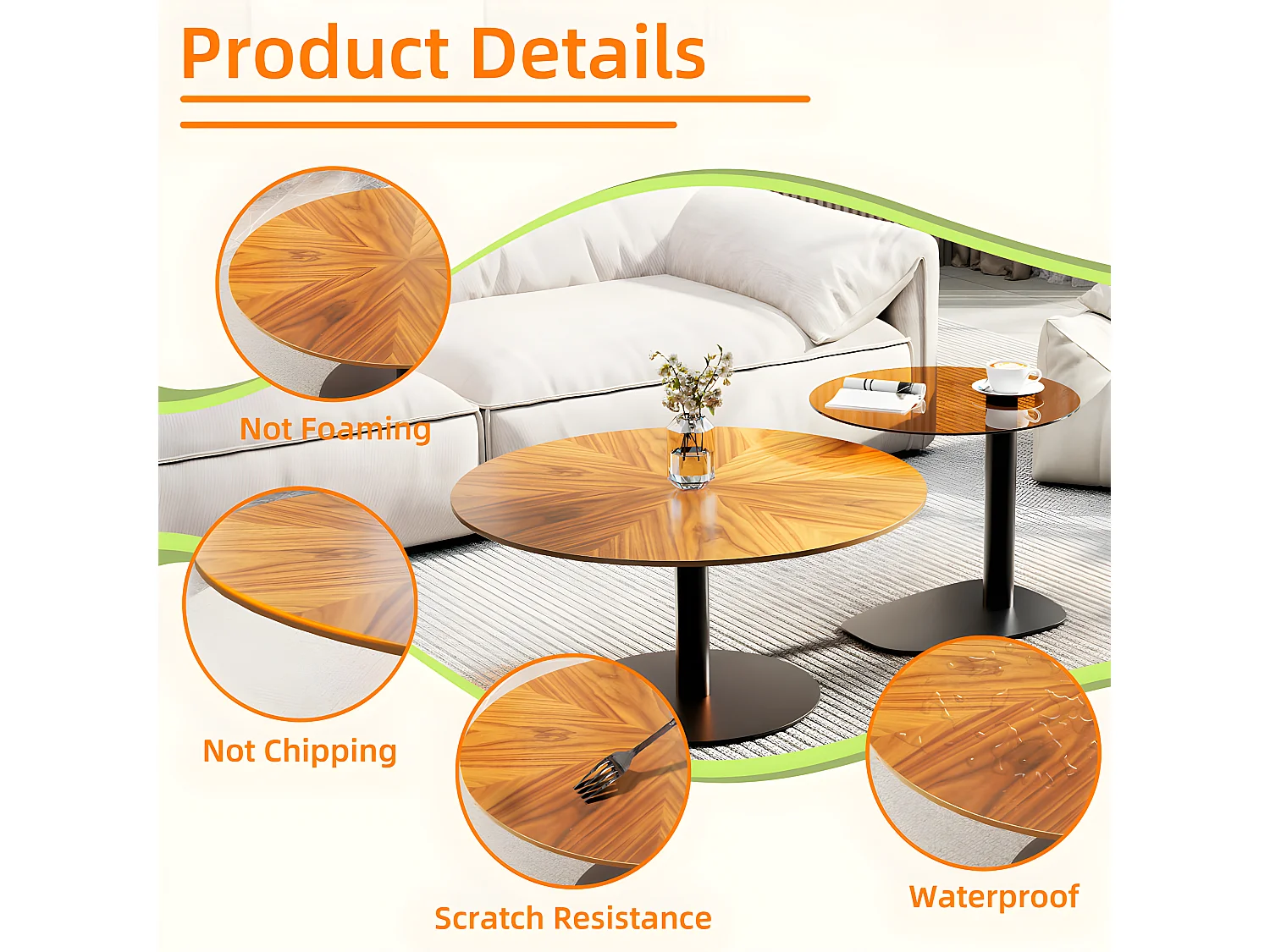 Lot de 2 tables gigognes de salon table basse ronde moderne verre et bois 80x80x38.5cm / 50x50x45cm 80x80x38.5m / 50x50x45cm