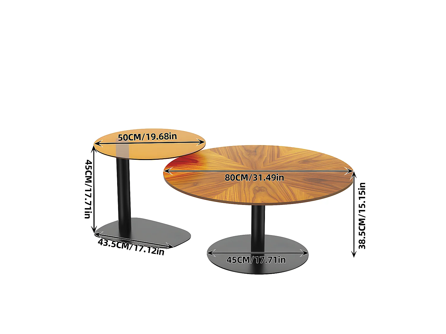 Lot de 2 tables gigognes de salon table basse ronde moderne verre et bois 80x80x38.5cm / 50x50x45cm 80x80x38.5m / 50x50x45cm