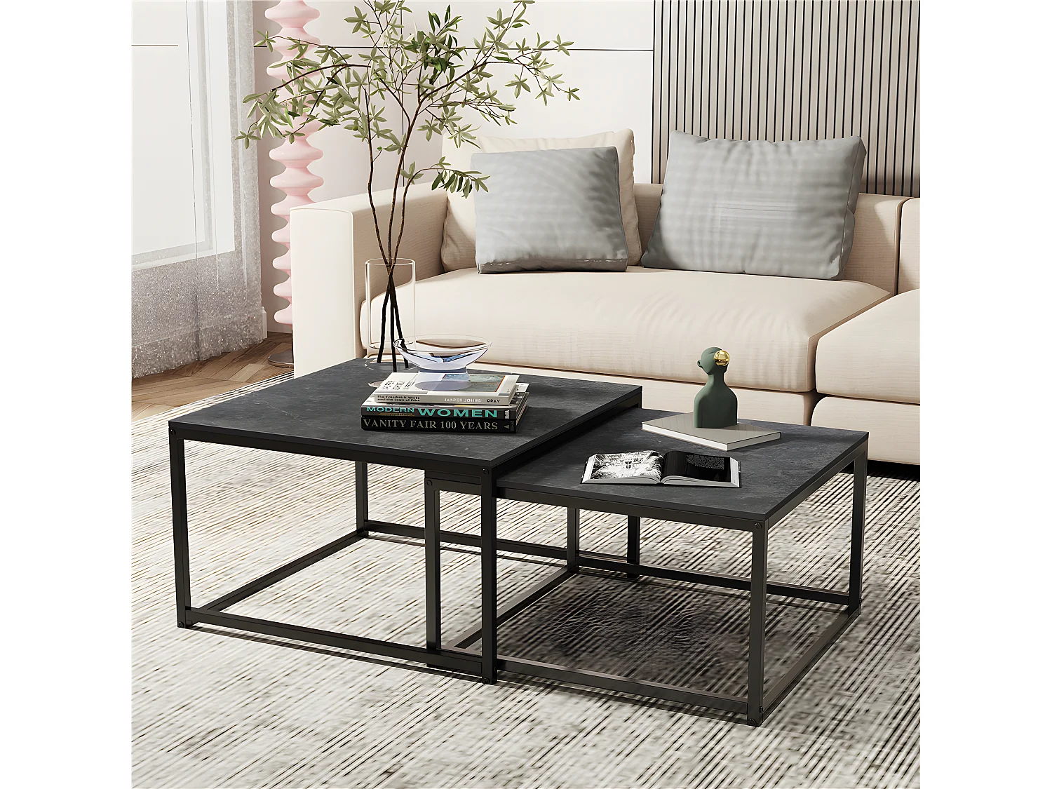 Lot de 2 Table Basse Gigogne Carrée pour Salon en Marbre Table Café Design Moderne