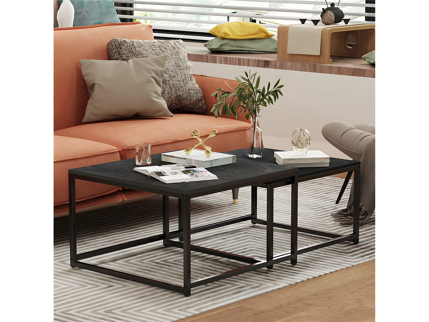 Lot de 2 Table Basse Gigogne Carrée pour Salon en Marbre Table Café Design Moderne