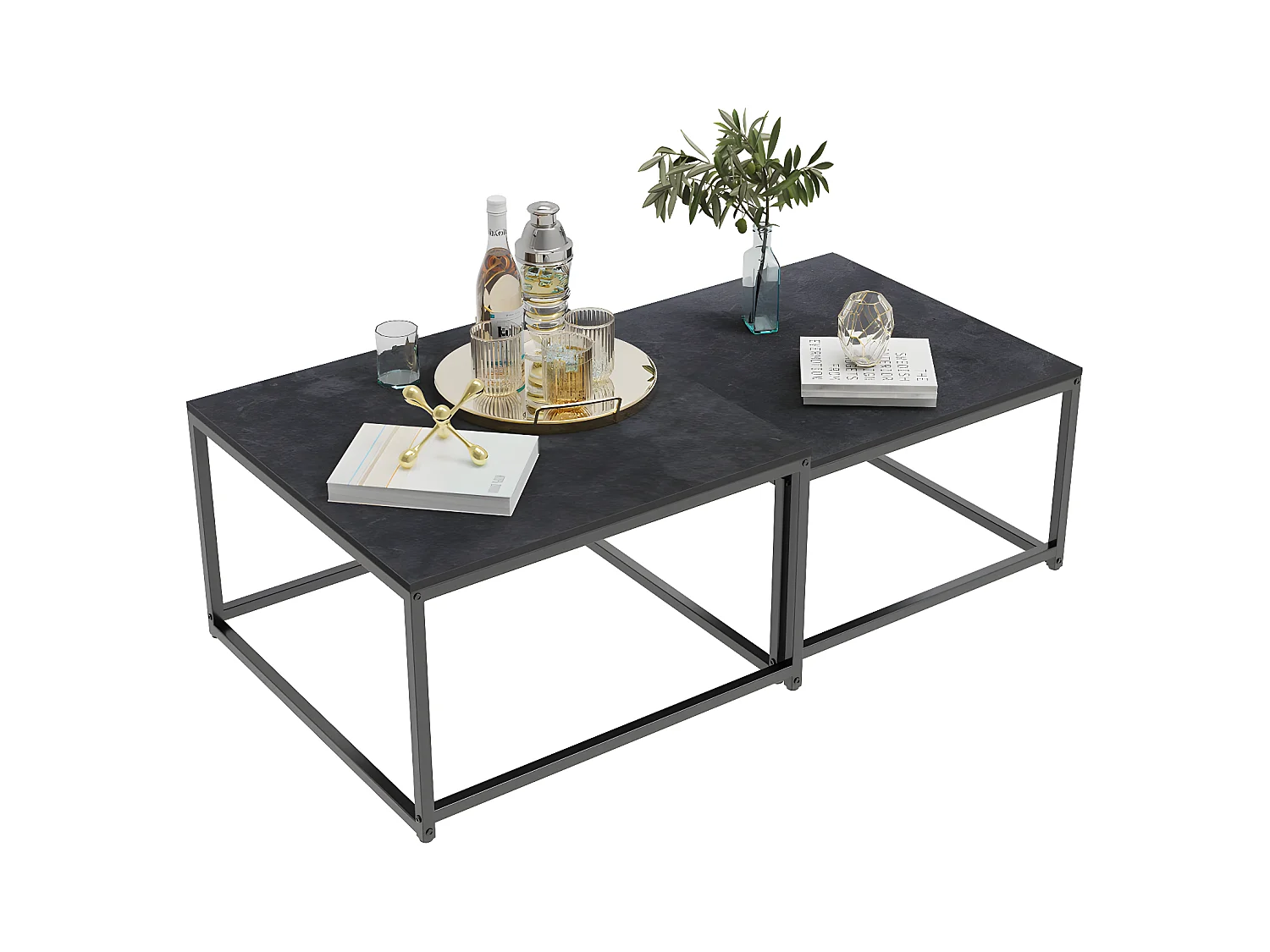 Lot de 2 Table Basse Gigogne Carrée pour Salon en Marbre Table Café Design Moderne