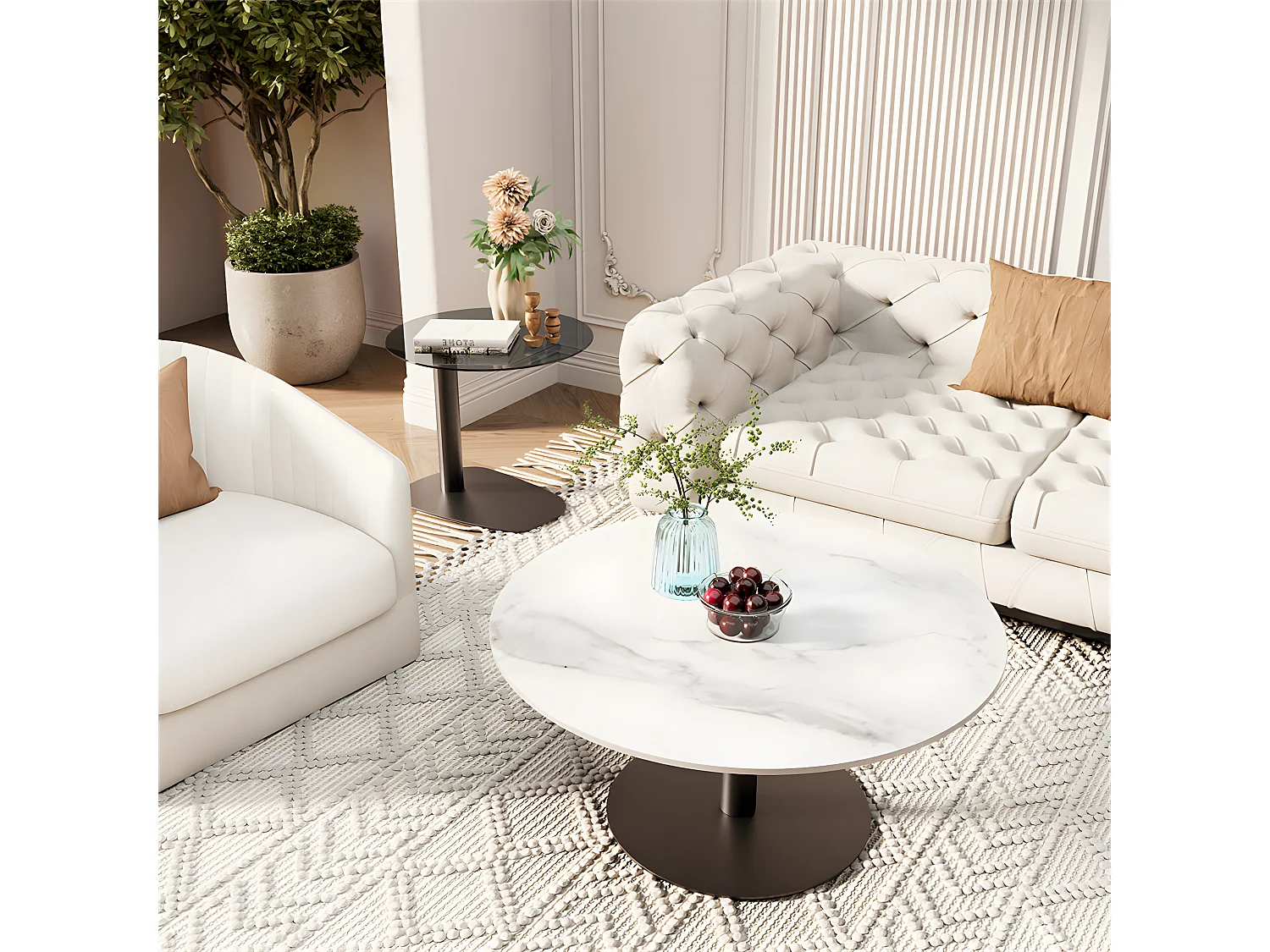 Lot de 2 tables basses gigognes de salon table de basse rond modern 80x38.5 / 50x45cm 80x80x38.5m / 50x50x45cm