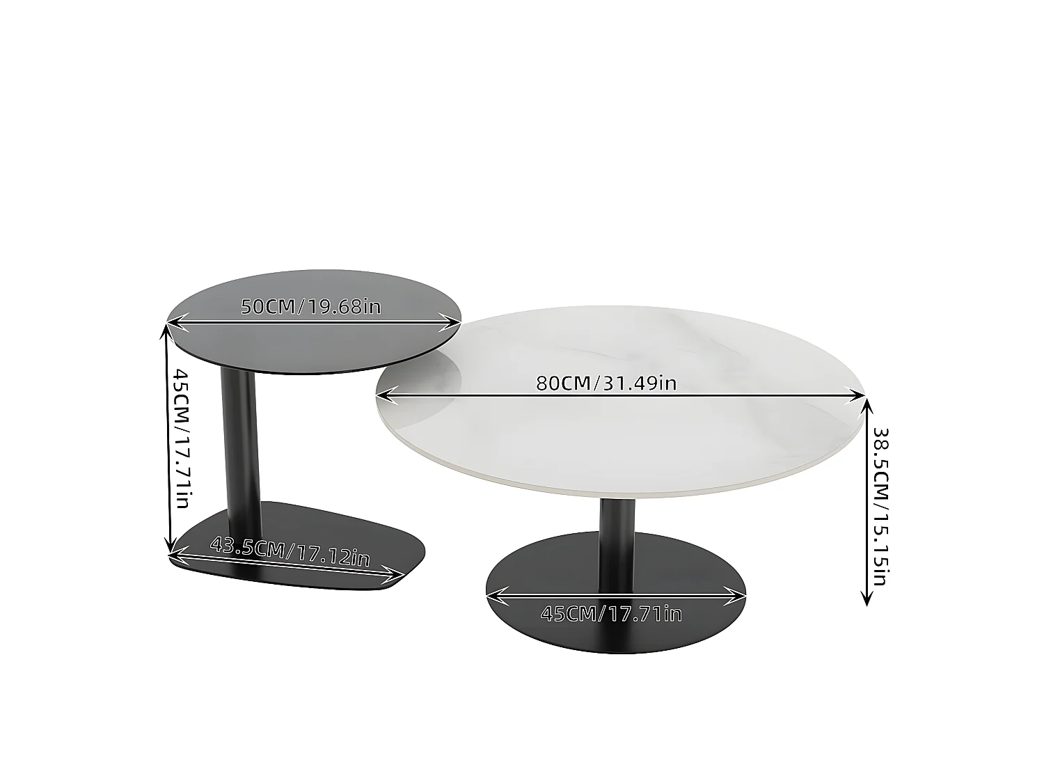 Lot de 2 tables basses gigognes de salon table de basse rond modern 80x38.5 / 50x45cm 80x80x38.5m / 50x50x45cm