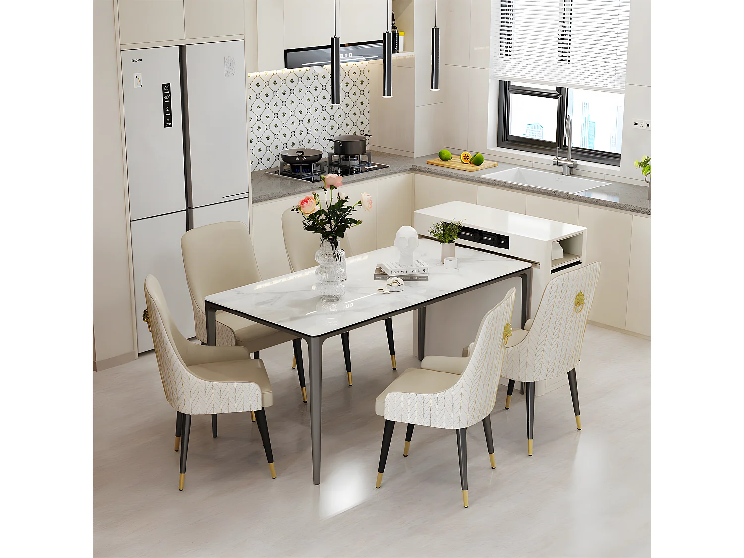 Table pour salle à manger marbre blanc grande table de cuisine 6 personnes rectangulaire 160x80x74cm 160x80x74cm