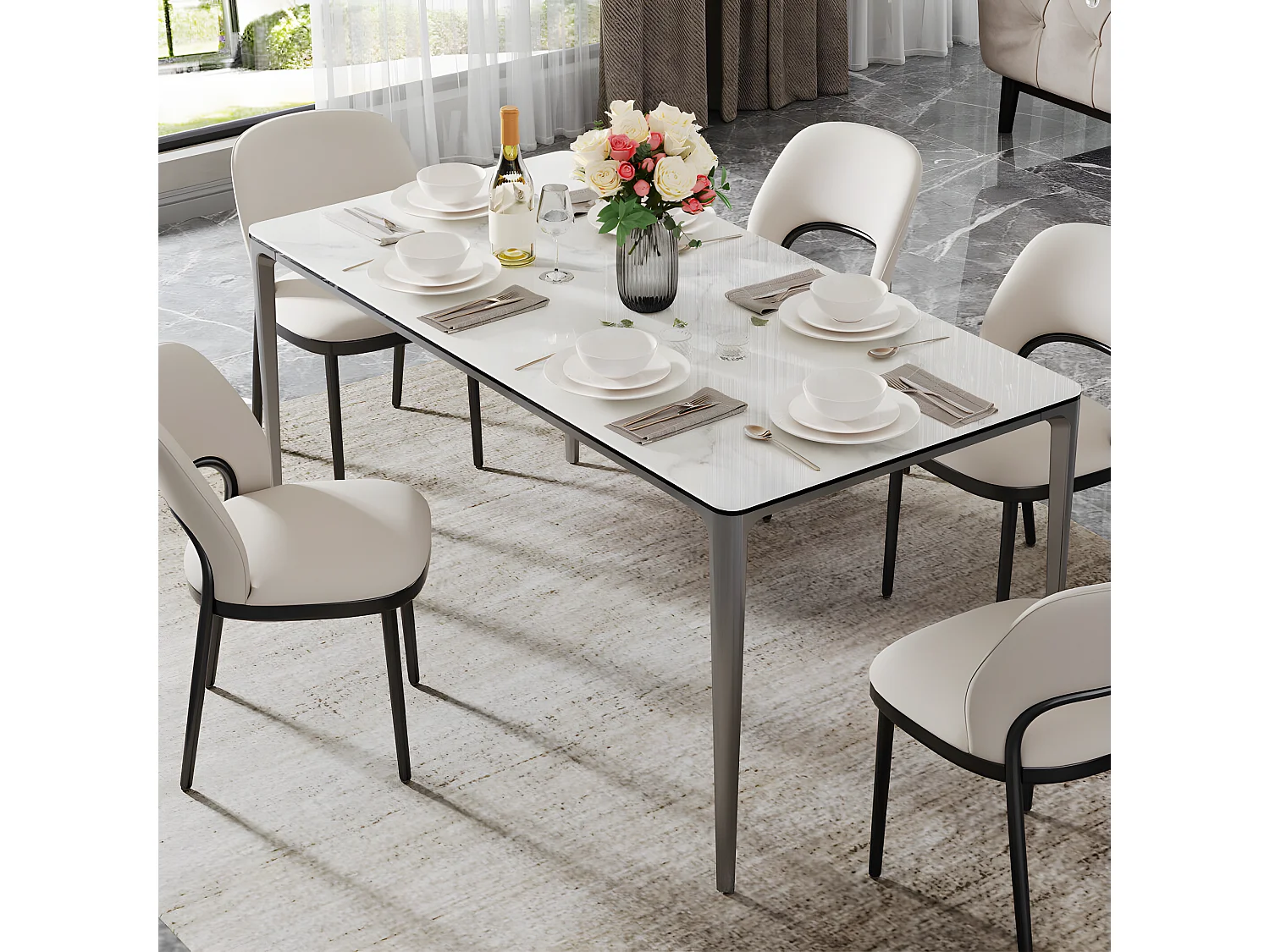 Table pour salle à manger marbre blanc grande table de cuisine 6 personnes rectangulaire 160x80x74cm 160x80x74cm