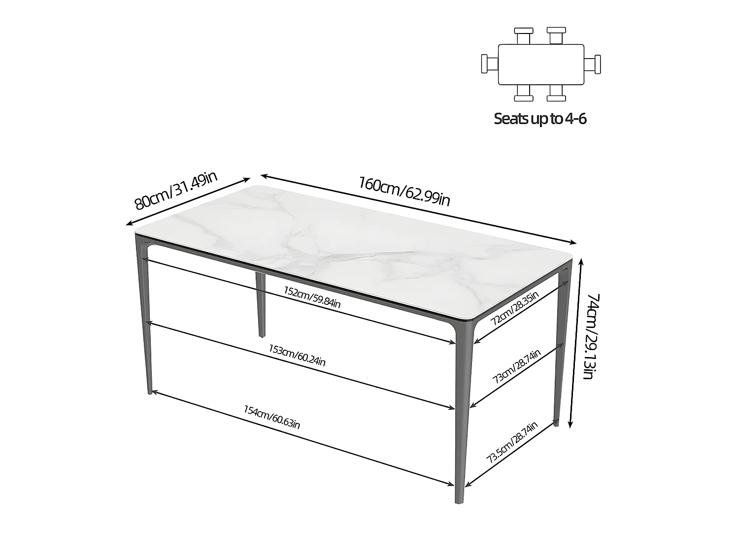 Table pour salle à manger marbre blanc grande table de cuisine 6 personnes rectangulaire 160x80x74cm 160x80x74cm