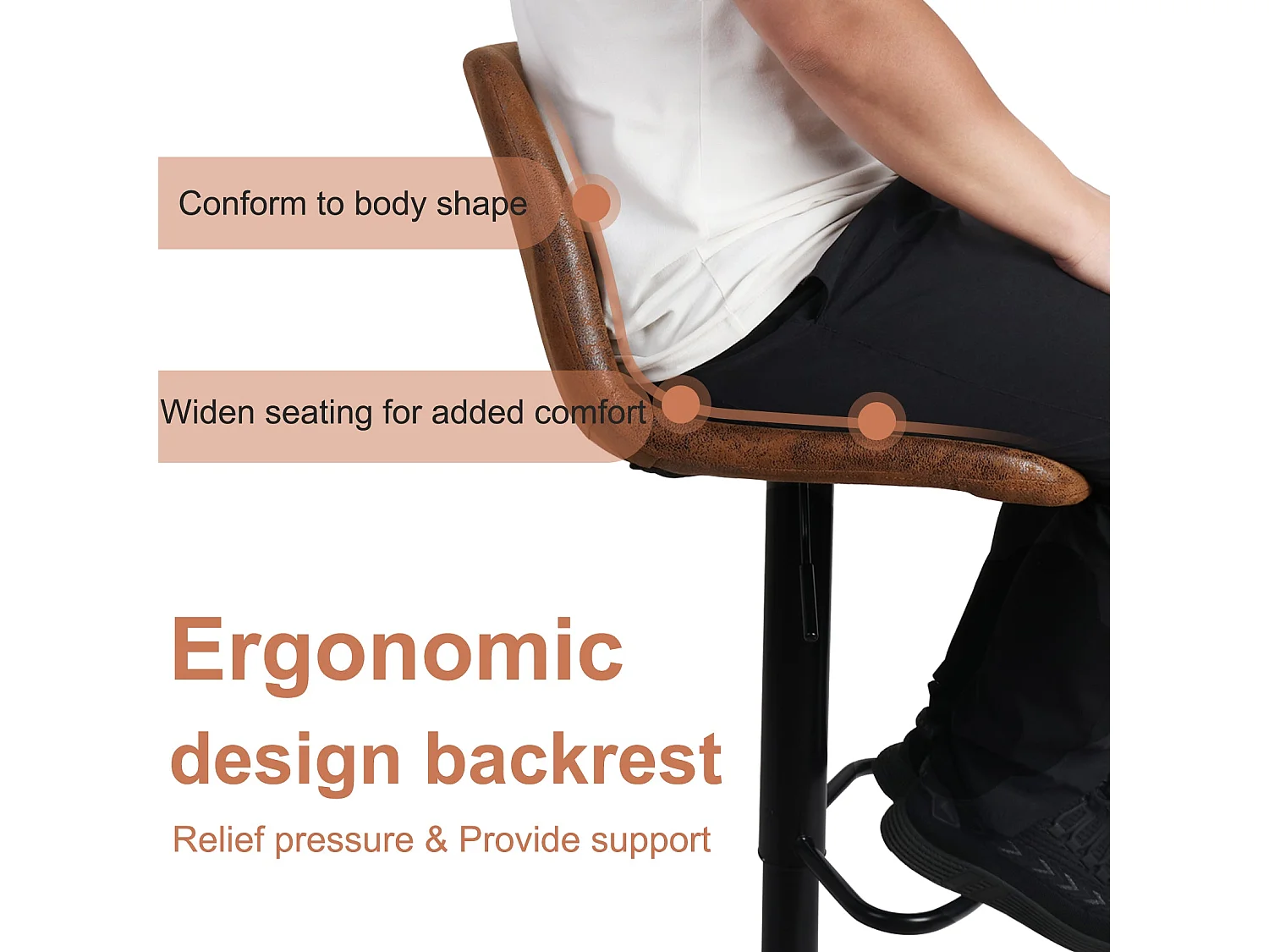 Tabouret de bar industriel lot de 2 chaises cuisine en cuir hauteur réglable vintage avec dossier et repose-pieds 46.5x38x73 à 108 cm