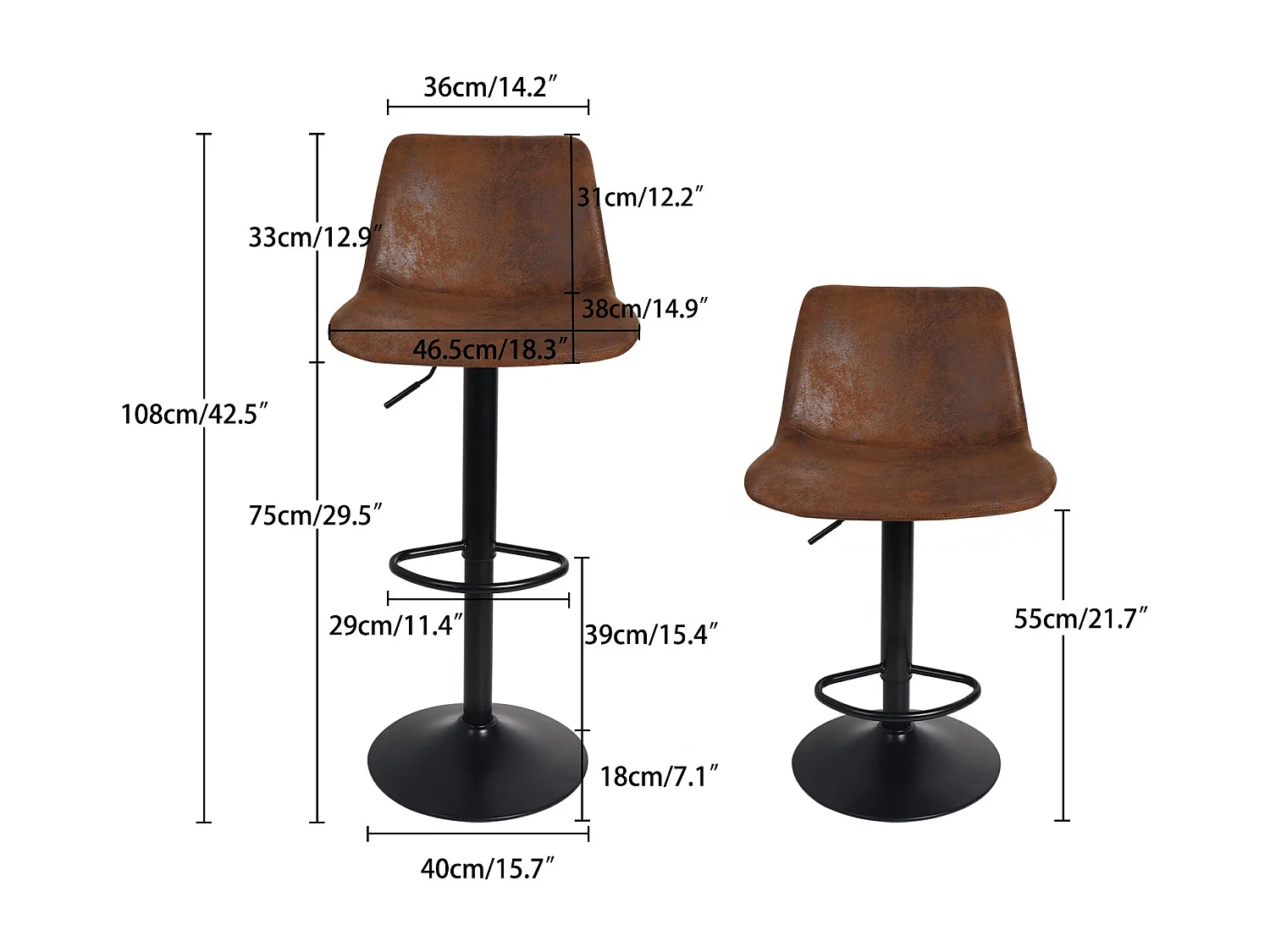 Tabouret de bar industriel lot de 2 chaises cuisine en cuir hauteur réglable vintage avec dossier et repose-pieds 46.5x38x73 à 108 cm