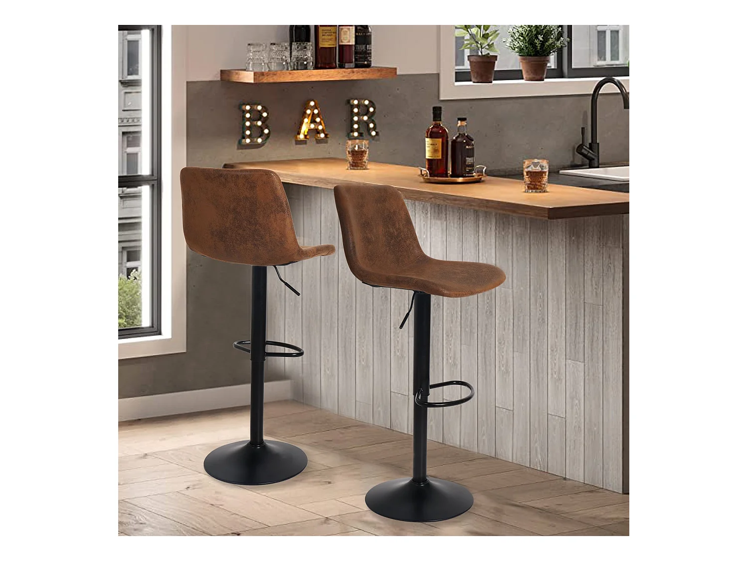 Tabouret de bar industriel lot de 2 chaises cuisine en cuir hauteur réglable vintage avec dossier et repose-pieds 46.5x38x73 à 108 cm