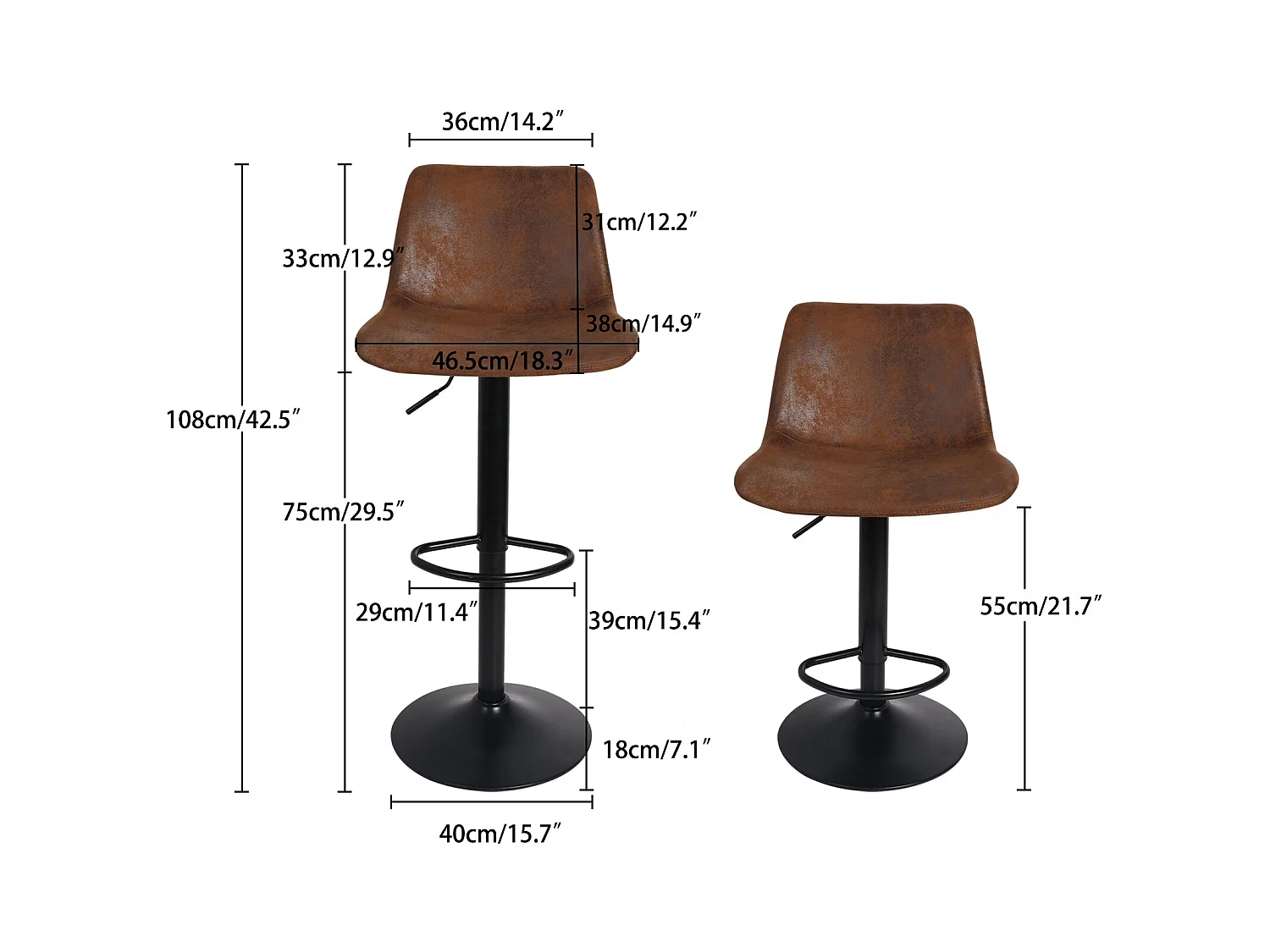 Tabouret de bar industriel lot de 2 chaises cuisine en cuir hauteur réglable vintage avec dossier et repose-pieds 46.5x38x73 à 108 cm