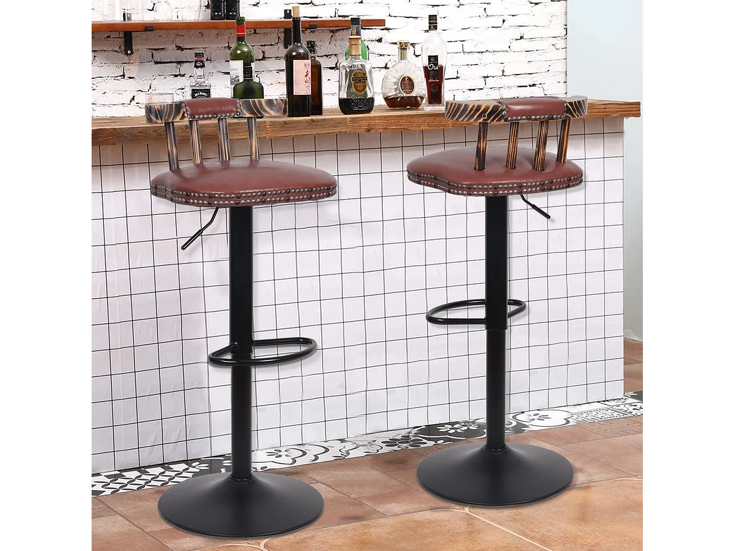 Tabouret bar industriel hauteur réglable lot de 2 chaises de cuisine en cuir pu vintage avec dossier et repose-pieds 42x39x76.5cm à 98cm