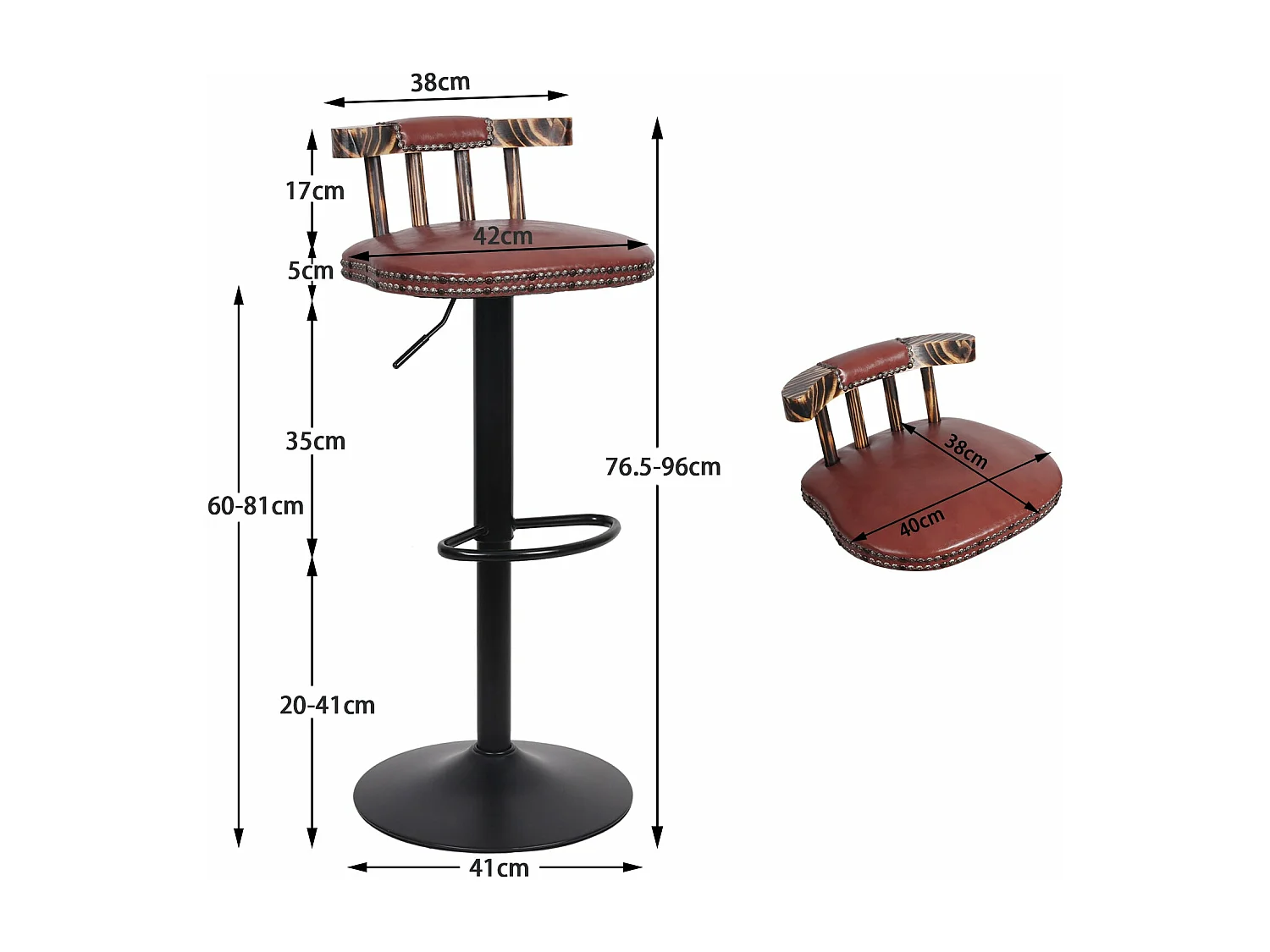 Tabouret bar industriel hauteur réglable lot de 2 chaises de cuisine en cuir pu vintage avec dossier et repose-pieds 42x39x76.5cm à 98cm