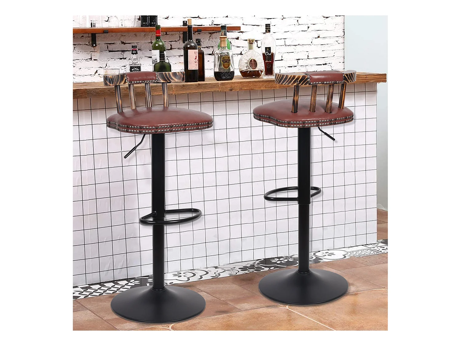 Tabouret bar industriel hauteur réglable lot de 2 chaises de cuisine en cuir pu vintage avec dossier et repose-pieds 42x39x76.5cm à 98cm