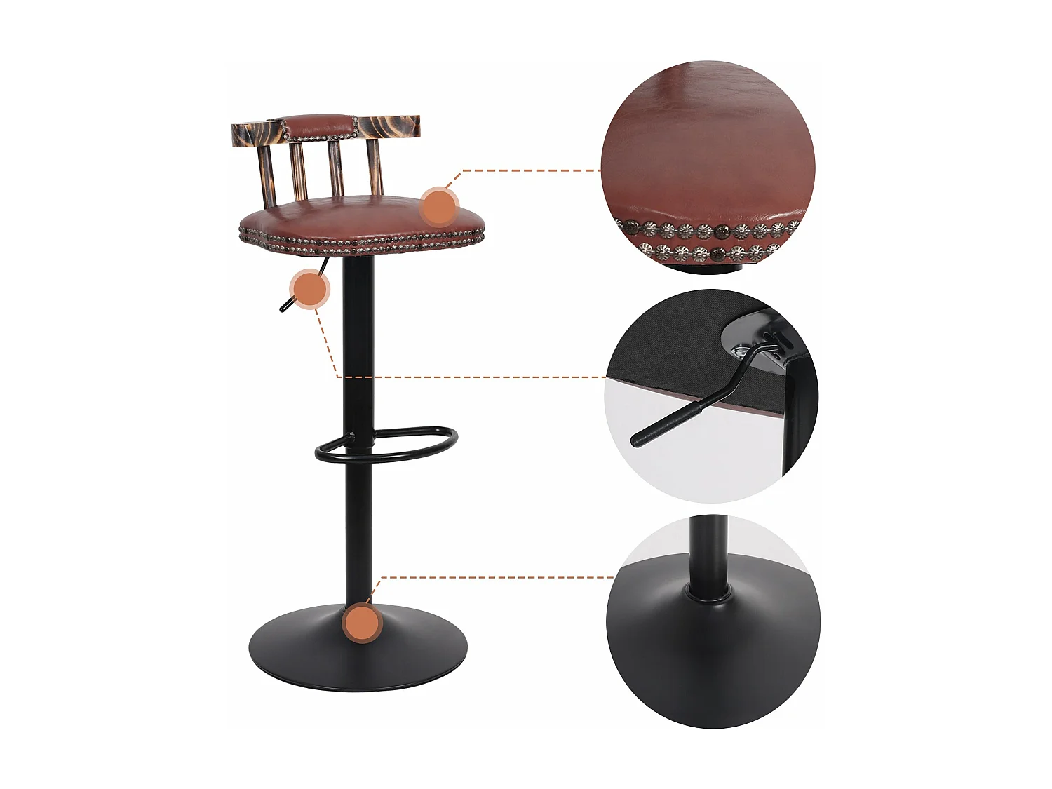 Tabouret bar industriel hauteur réglable lot de 2 chaises de cuisine en cuir pu vintage avec dossier et repose-pieds 42x39x76.5cm à 98cm