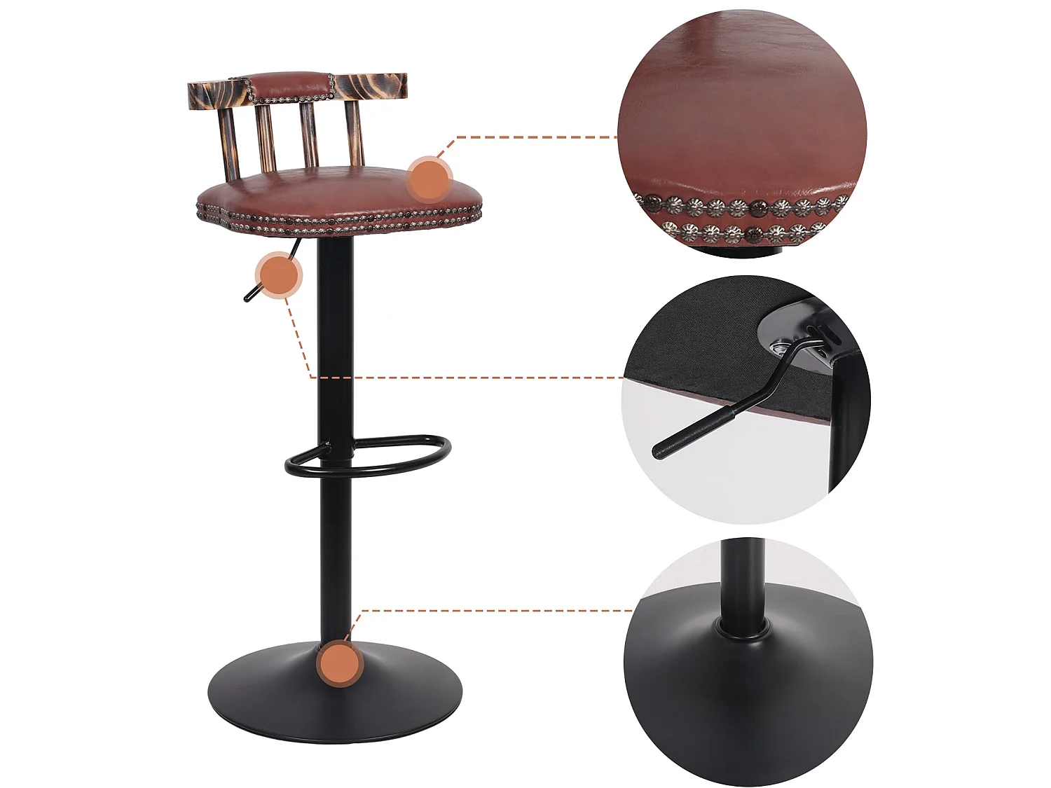 Tabouret bar industriel hauteur réglable lot de 2 chaises de cuisine en cuir pu vintage avec dossier et repose-pieds 42x39x76.5cm à 98cm